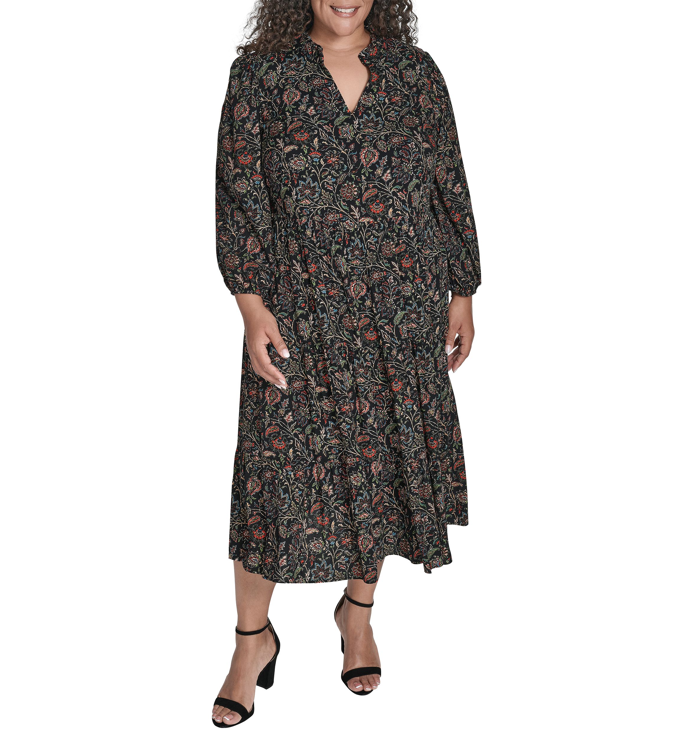 Plus Size Notch Ruffle Collar Tiered Midi Dress 