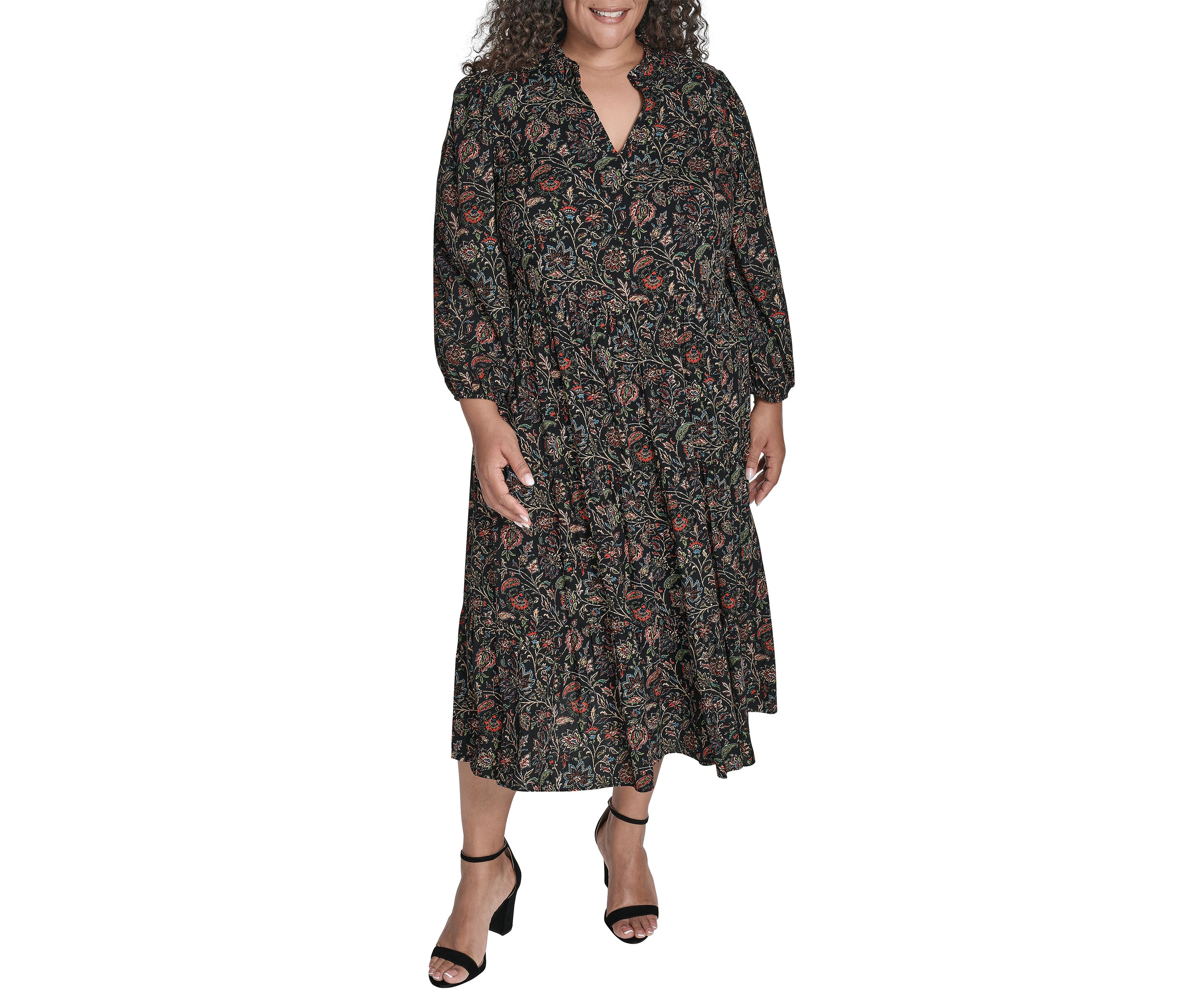 Plus Size Notch Ruffle Collar Tiered Midi Dress 