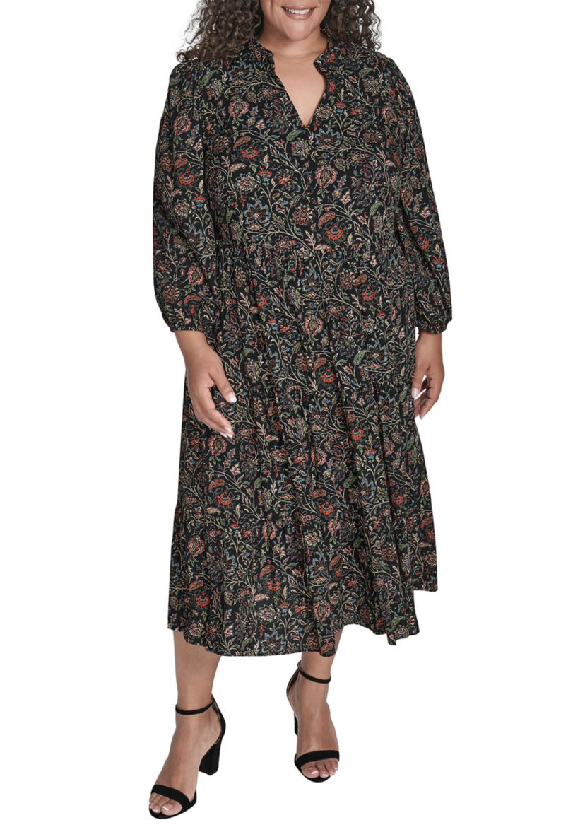 Plus Size Notch Ruffle Collar Tiered Midi Dress 