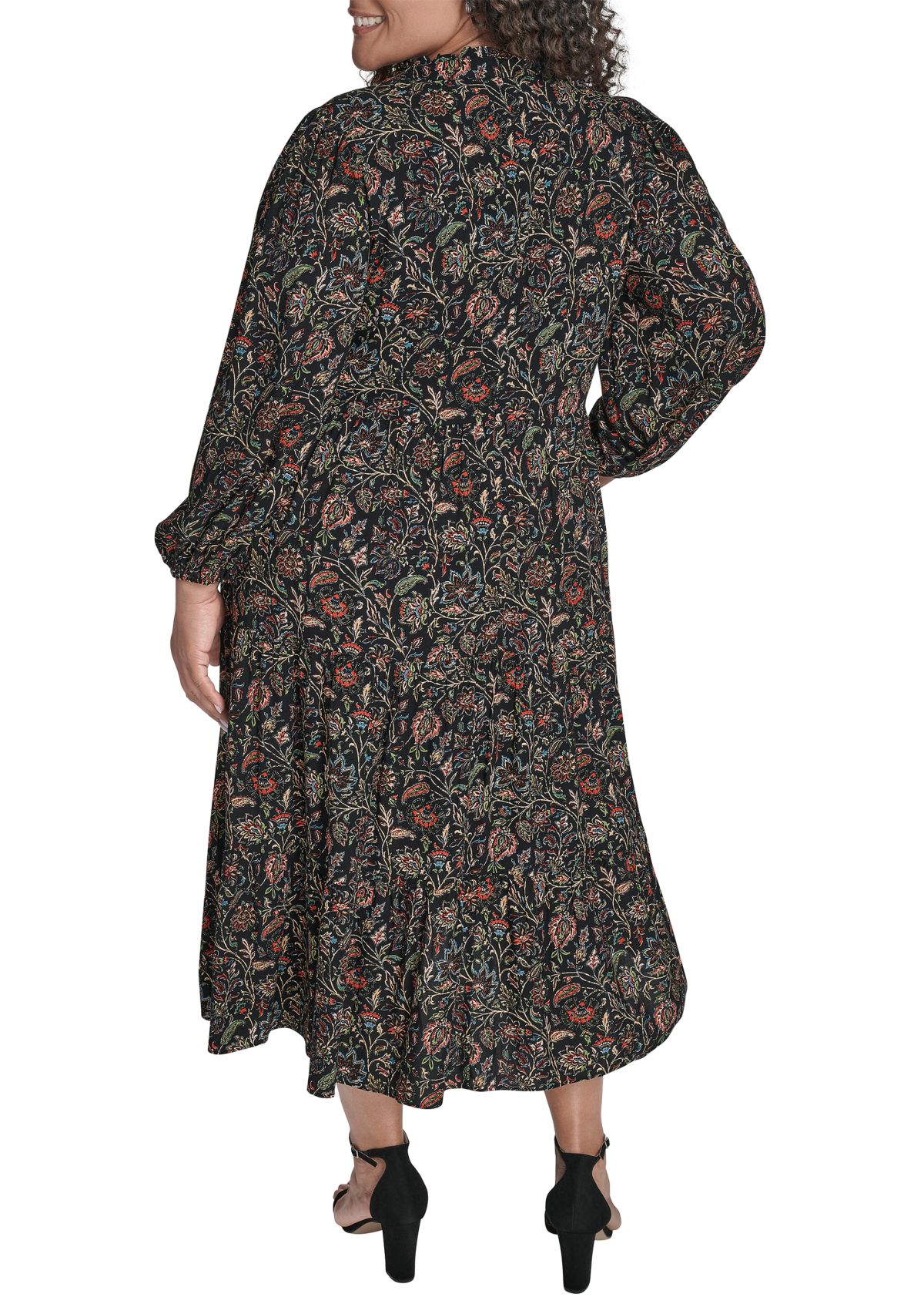 Plus Size Notch Ruffle Collar Tiered Midi Dress 
