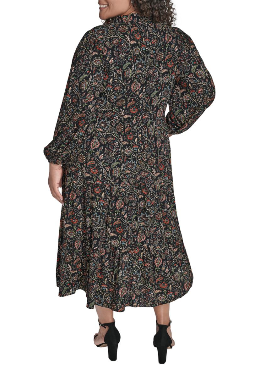 Plus Size Notch Ruffle Collar Tiered Midi Dress 