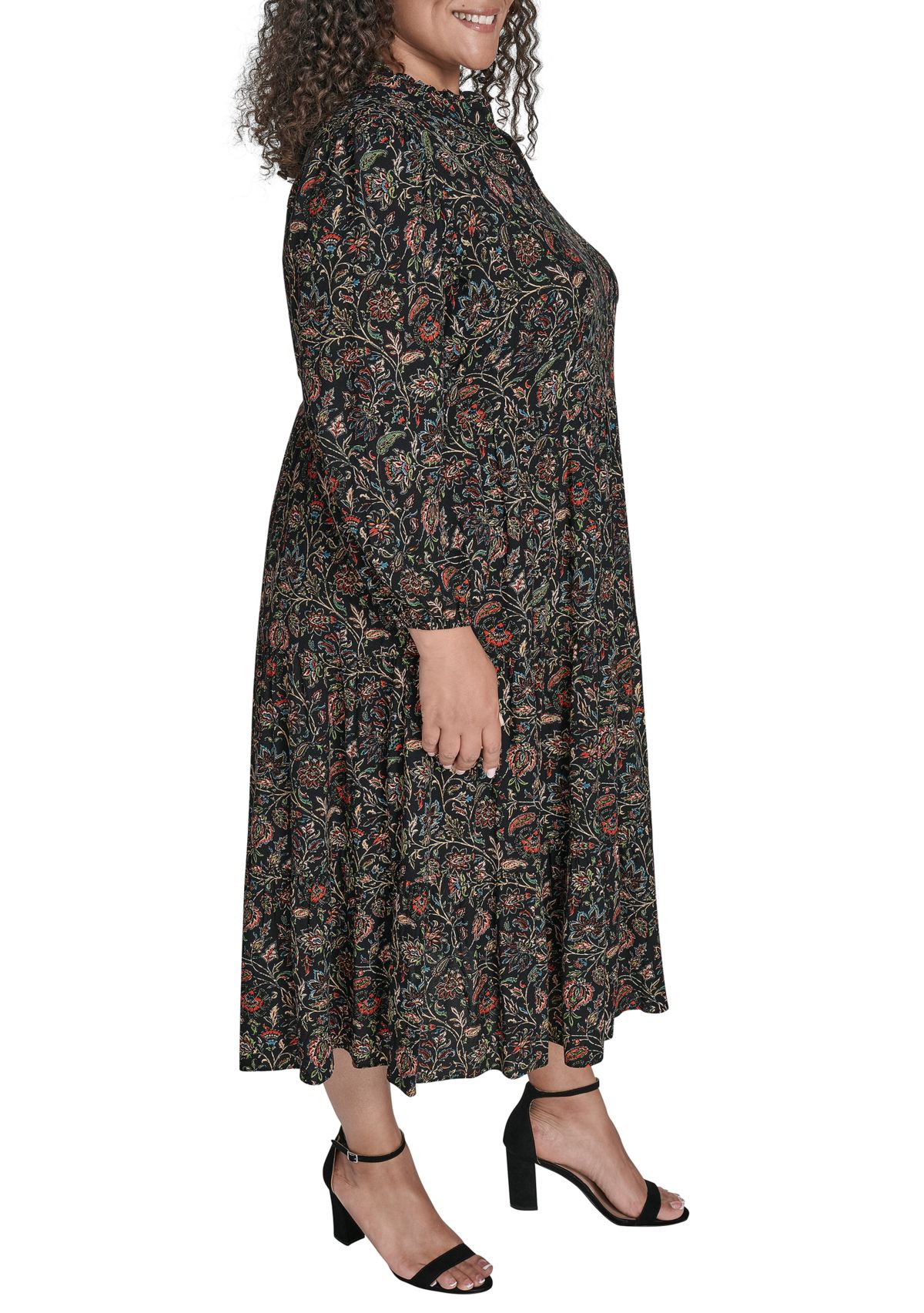 Plus Size Notch Ruffle Collar Tiered Midi Dress 