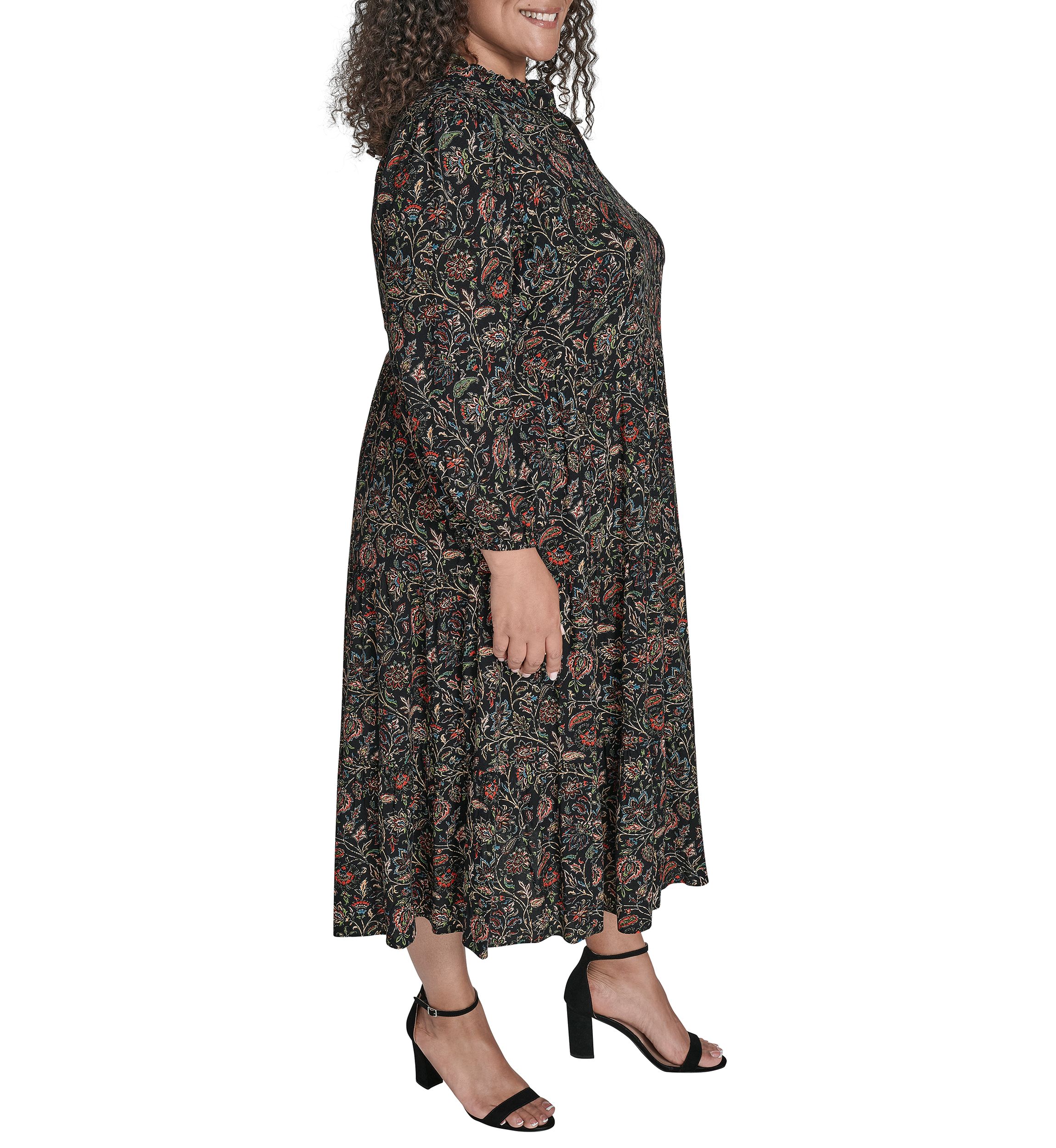 Plus Size Notch Ruffle Collar Tiered Midi Dress 