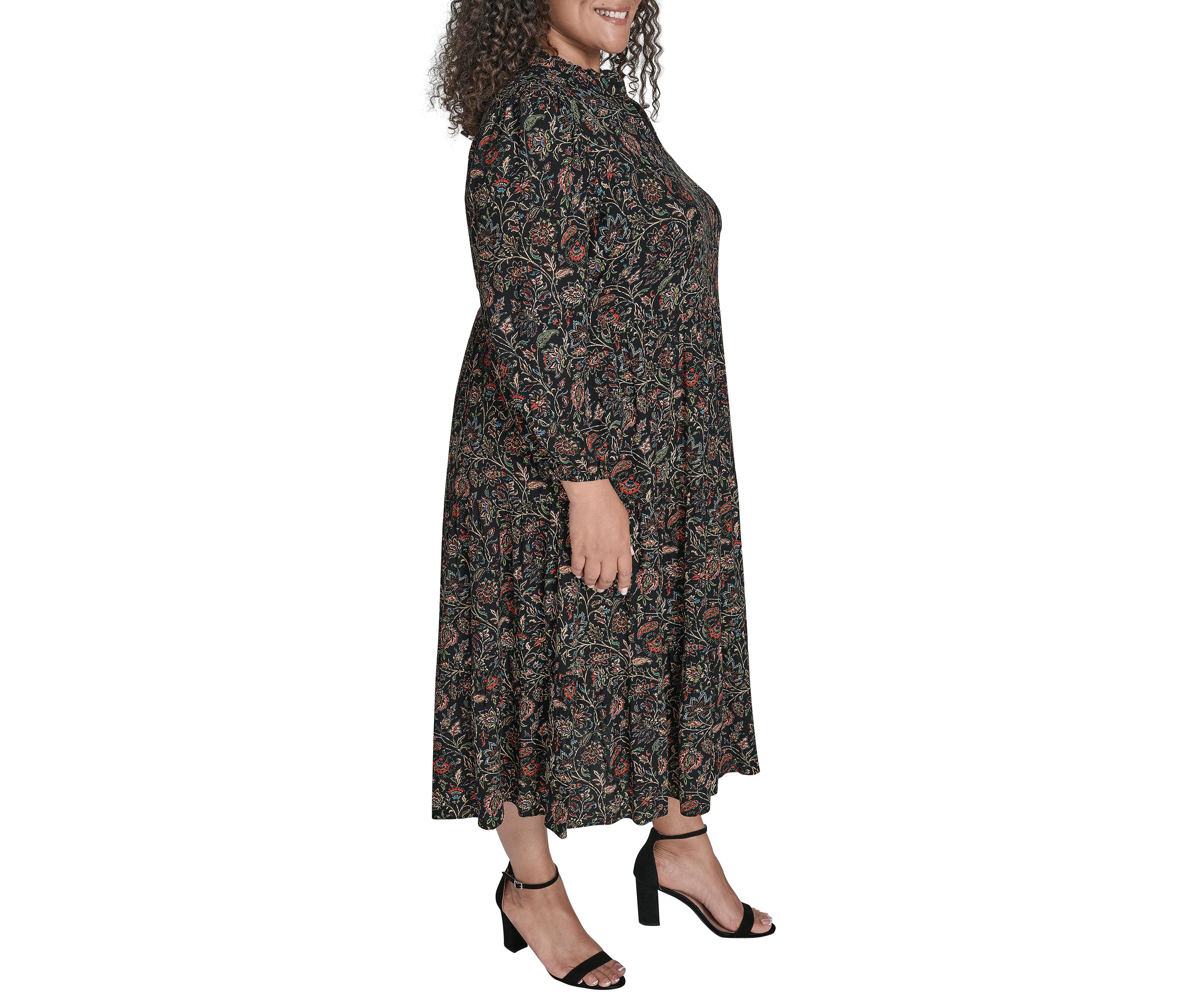 Plus Size Notch Ruffle Collar Tiered Midi Dress 