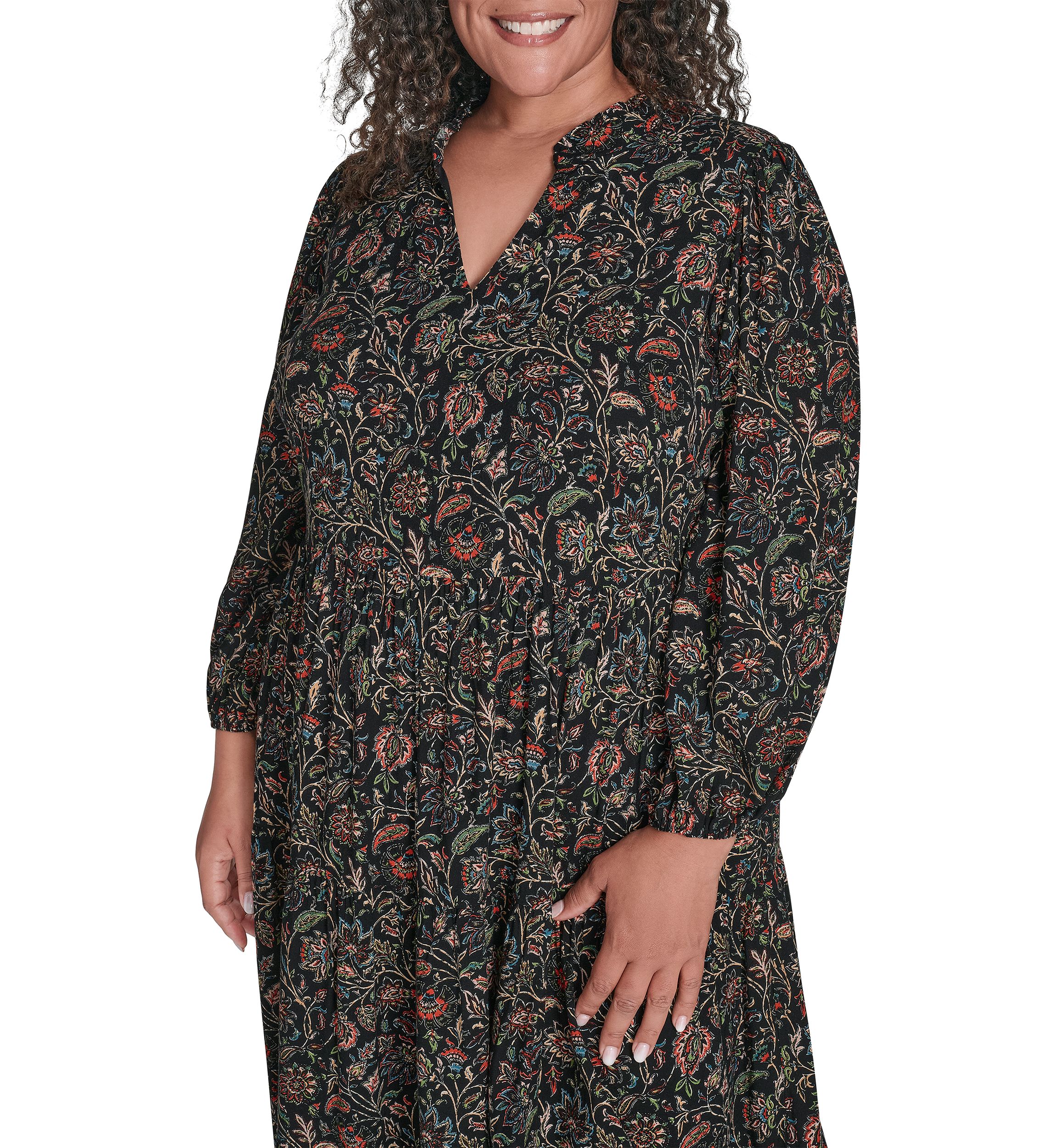 Plus Size Notch Ruffle Collar Tiered Midi Dress 