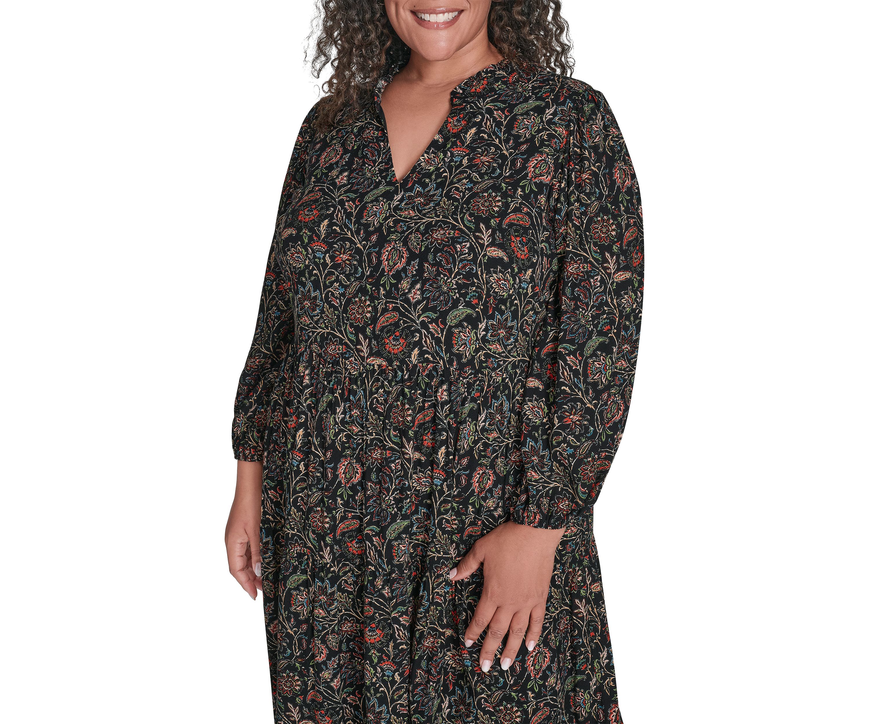 Plus Size Notch Ruffle Collar Tiered Midi Dress 