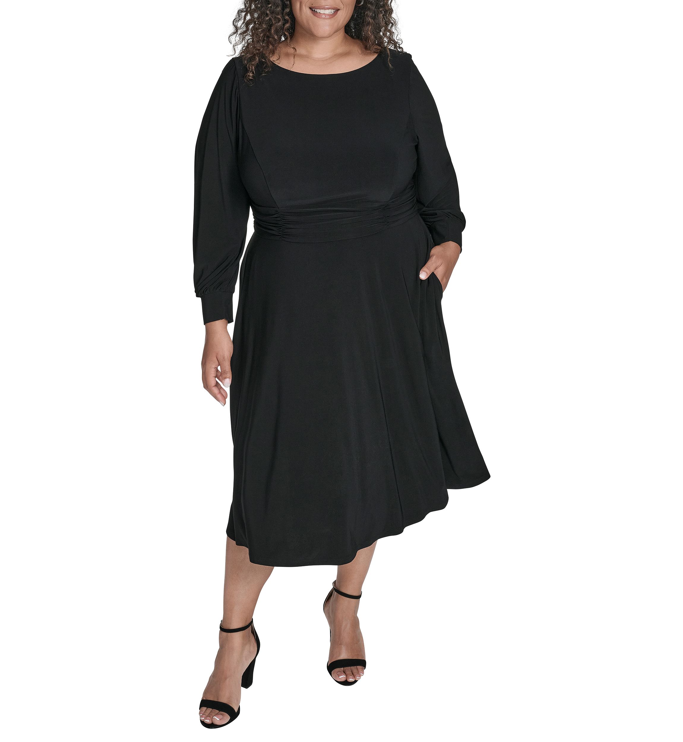 Plus Size Button Cuff Sleeve Ruched Waist Midi Dress 