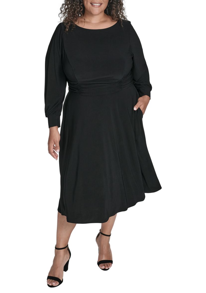 Plus Size Button Cuff Sleeve Ruched Waist Midi Dress 