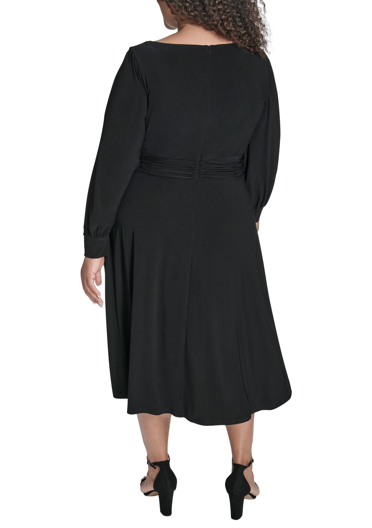 Plus Size Button Cuff Sleeve Ruched Waist Midi Dress 
