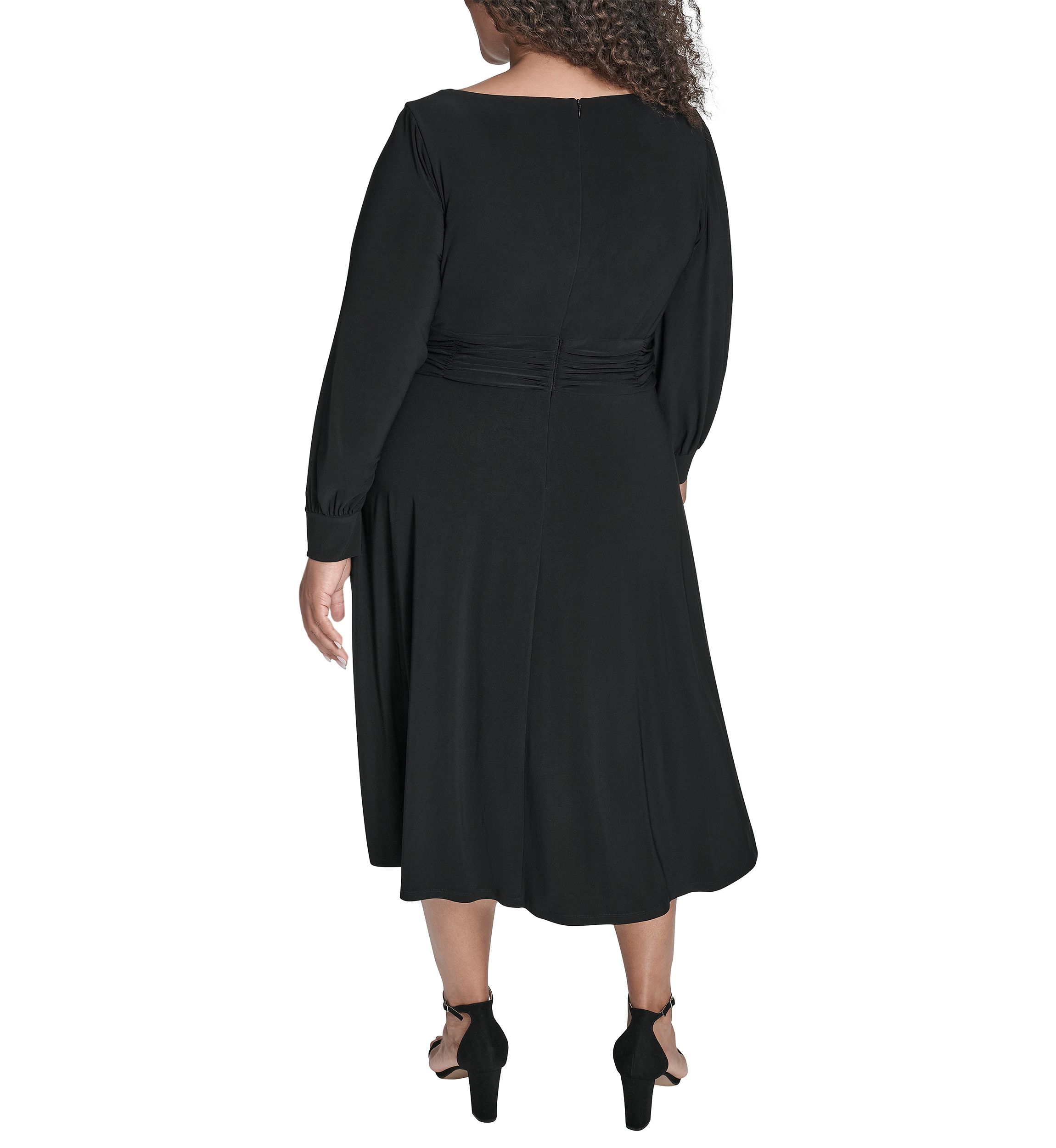 Plus Size Button Cuff Sleeve Ruched Waist Midi Dress 