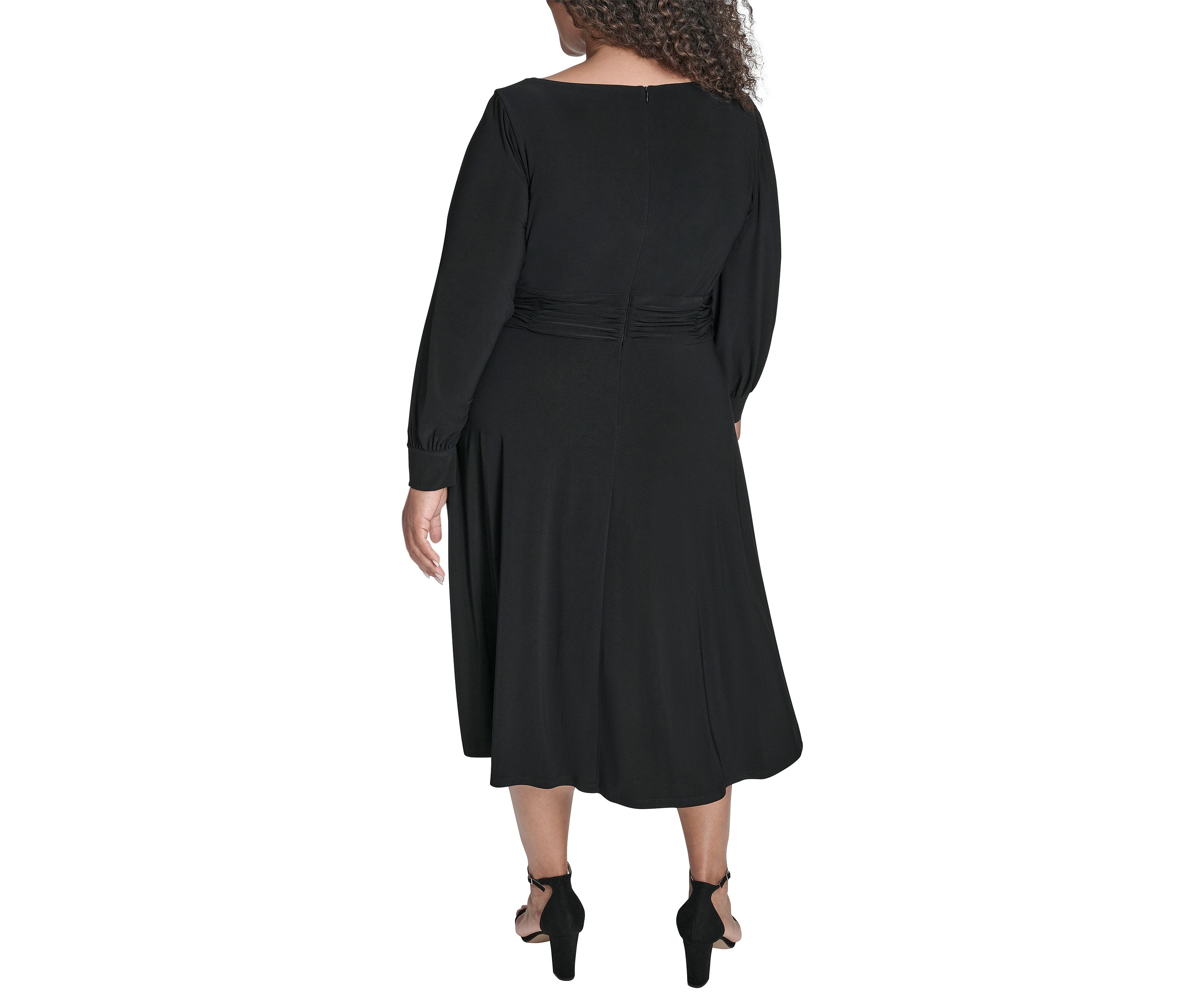 Plus Size Button Cuff Sleeve Ruched Waist Midi Dress 