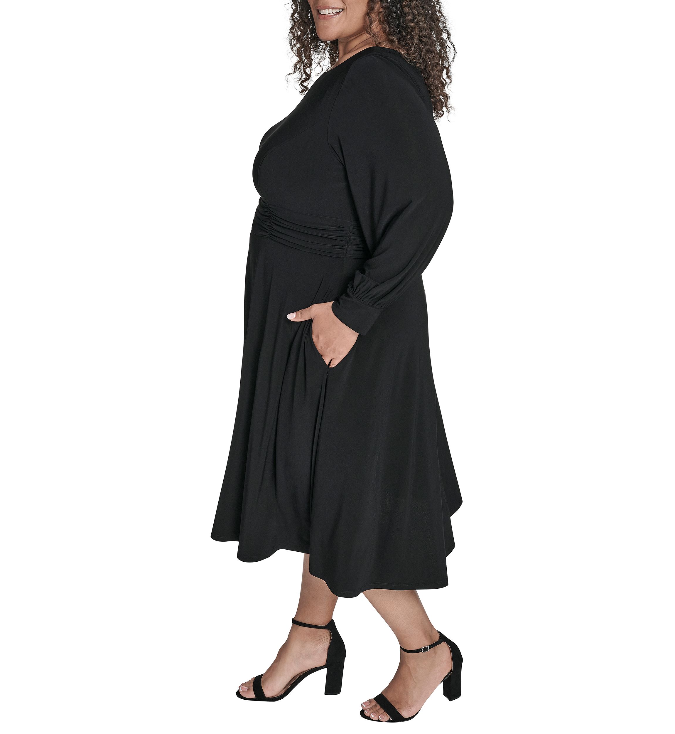Plus Size Button Cuff Sleeve Ruched Waist Midi Dress 