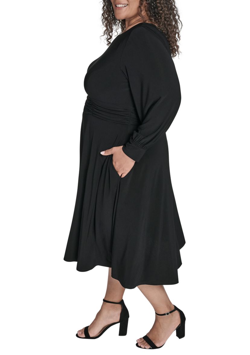 Plus Size Button Cuff Sleeve Ruched Waist Midi Dress 