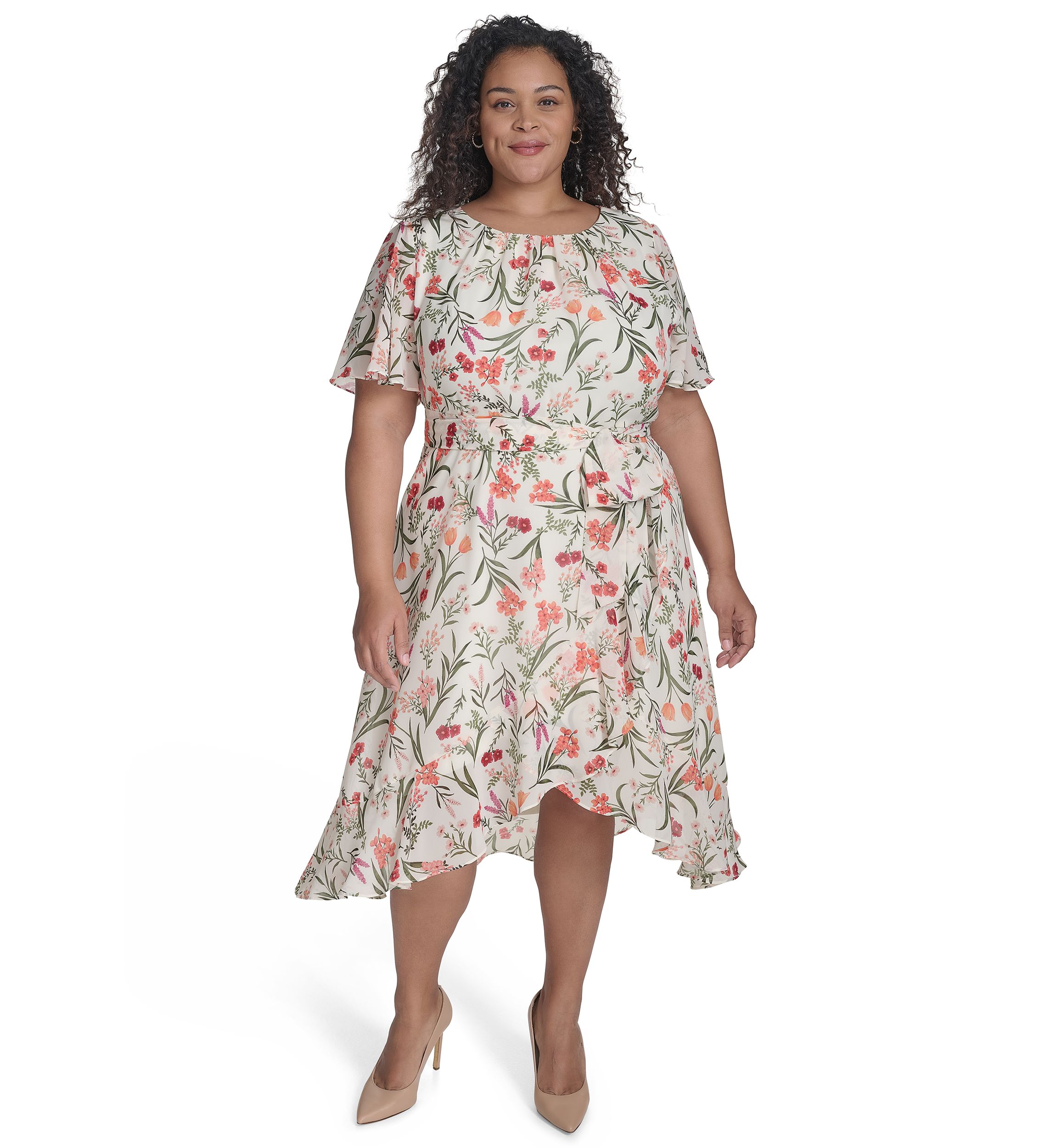 Plus Size Crew Neck Floral Print Dress