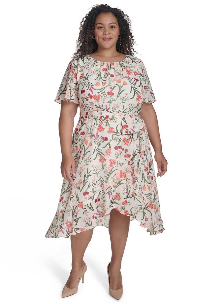 Plus Size Crew Neck Floral Print Dress