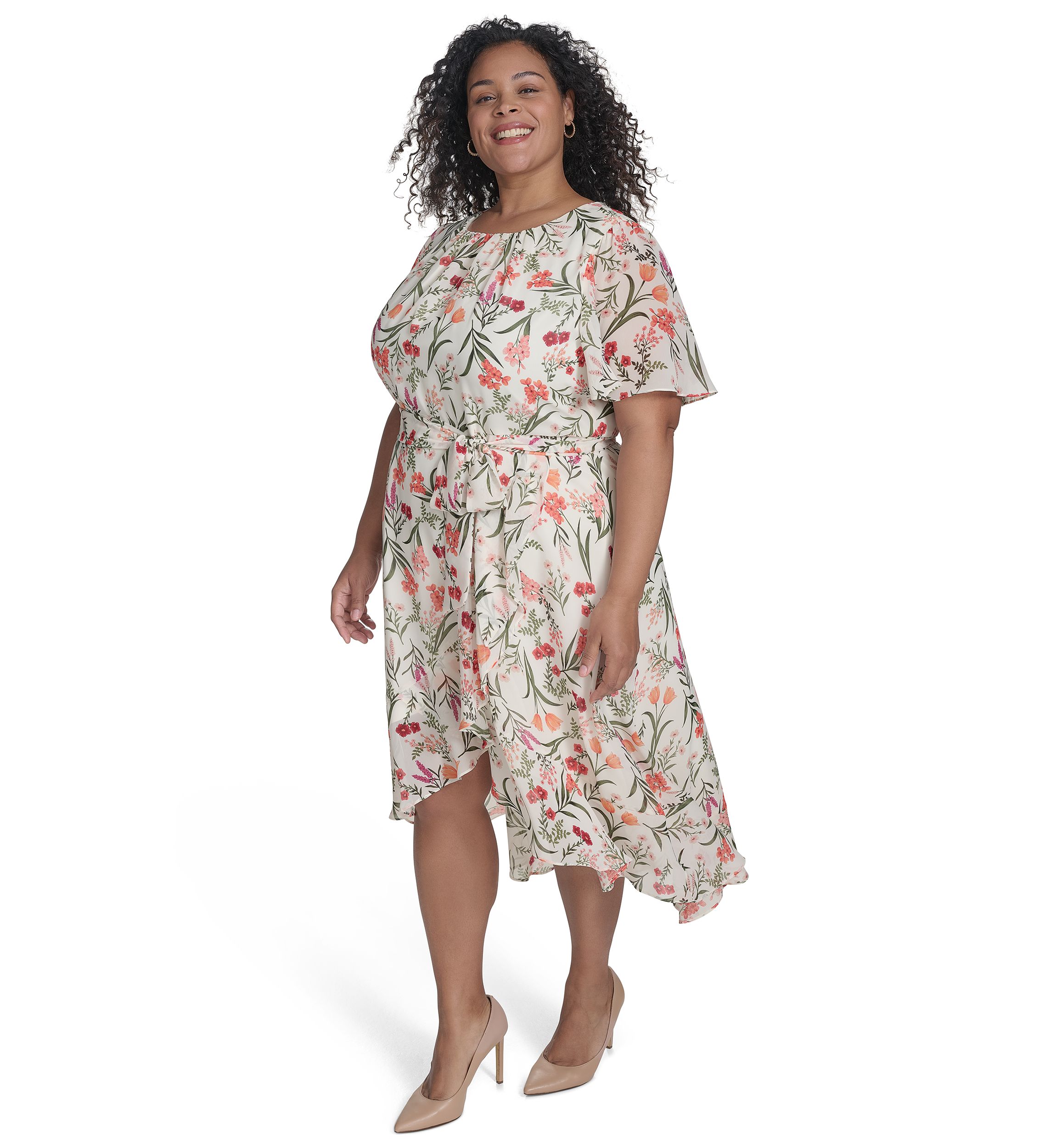 Plus Size Crew Neck Floral Print Dress