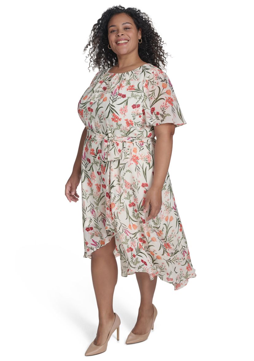 Plus Size Crew Neck Floral Print Dress