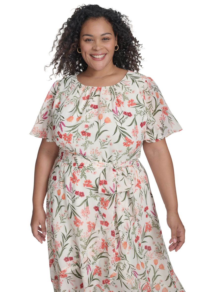 Plus Size Crew Neck Floral Print Dress