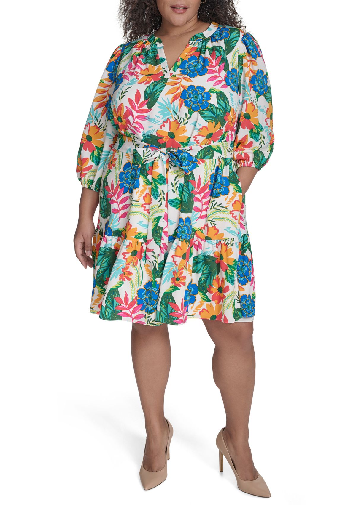 Plus Size 3/4 Sleeve V-Neck Tropical Print Dress