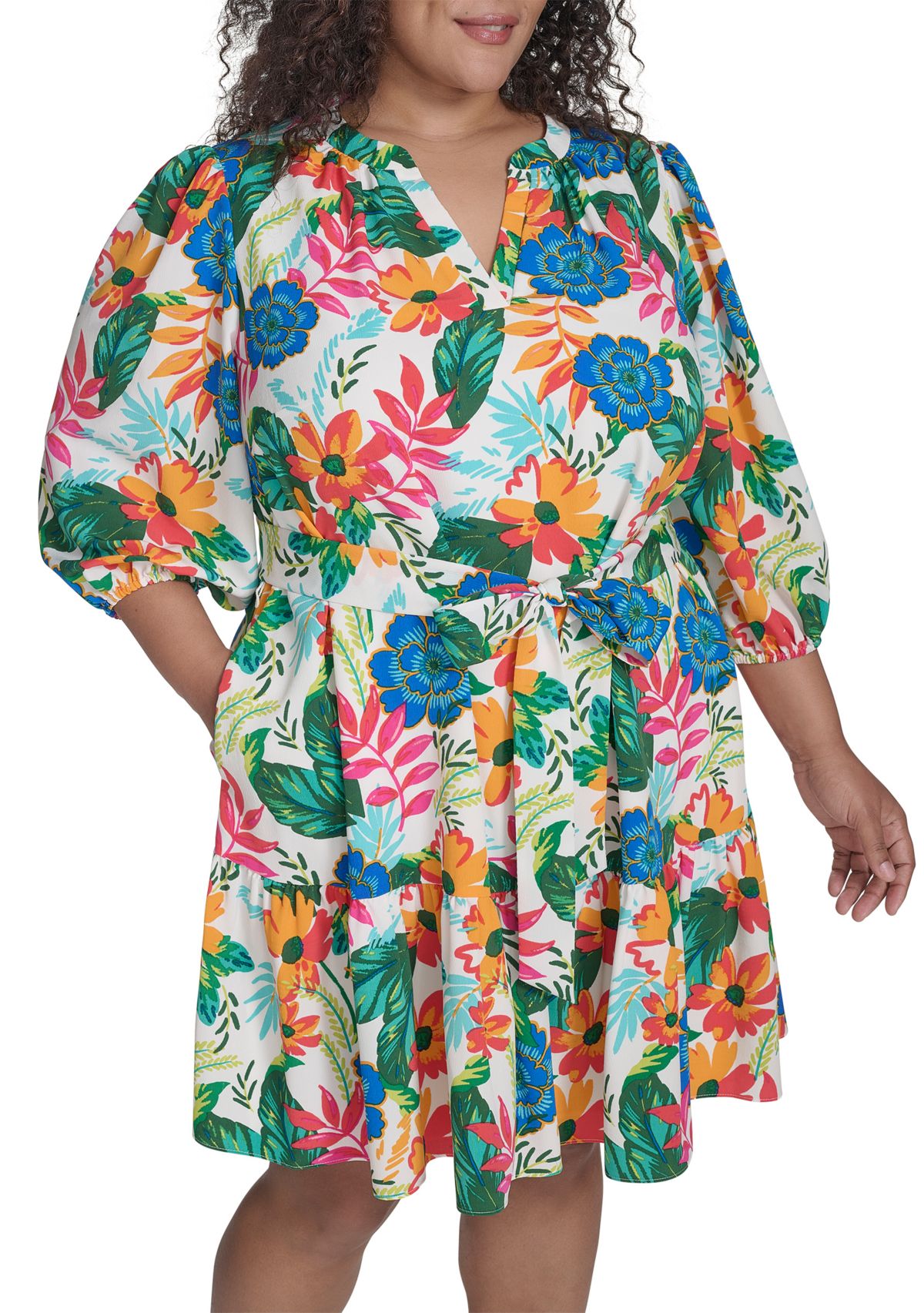 Plus Size 3/4 Sleeve V-Neck Tropical Print Dress