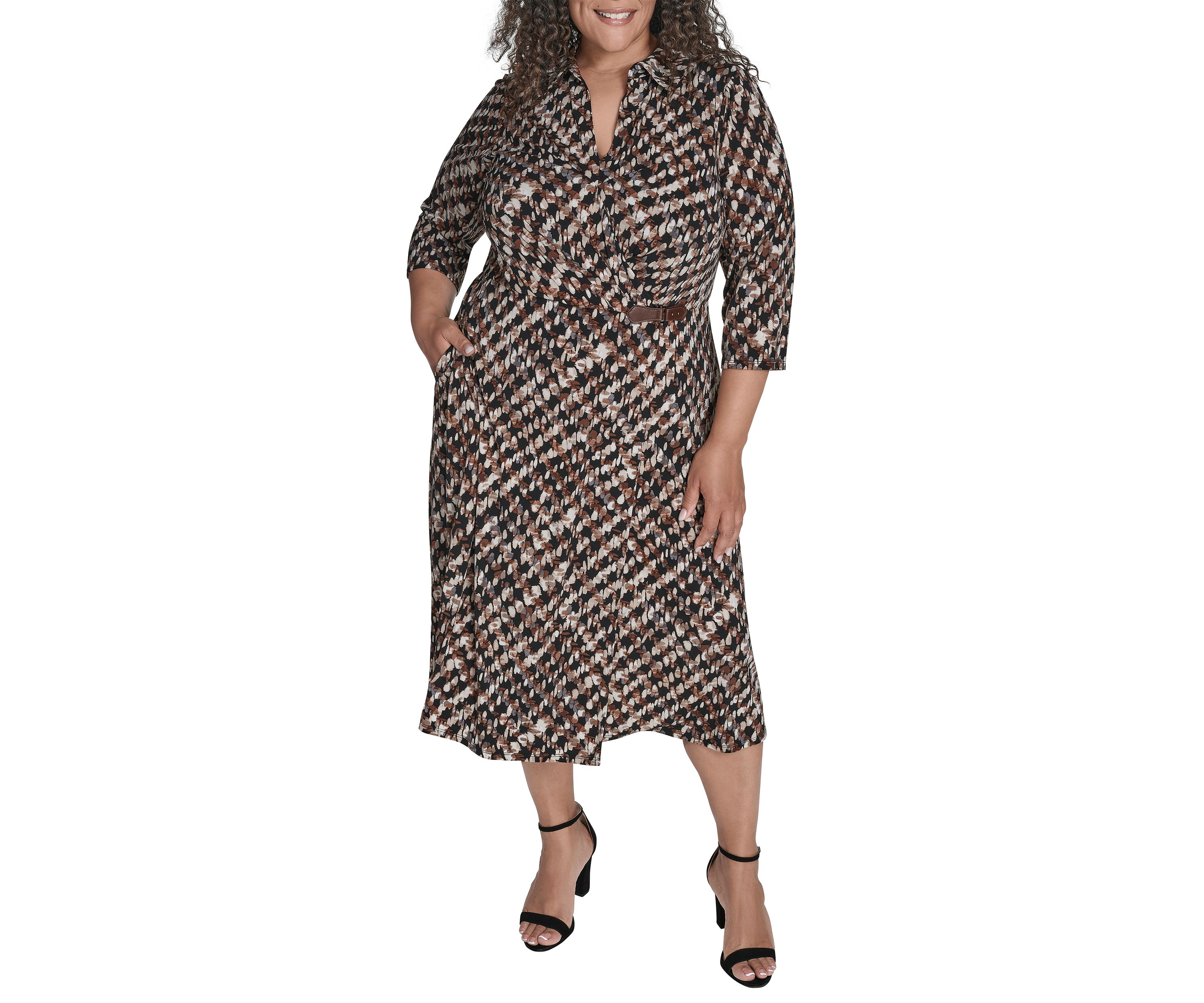 Plus Shirt Collar Faux Wrap Slim Midi Dress
