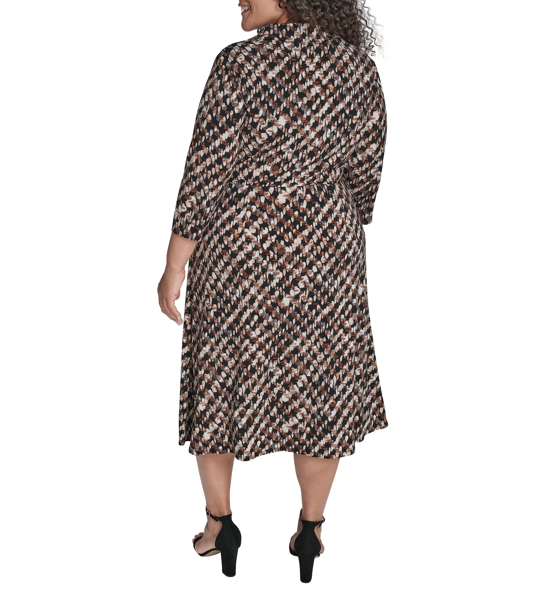 Plus Shirt Collar Faux Wrap Slim Midi Dress