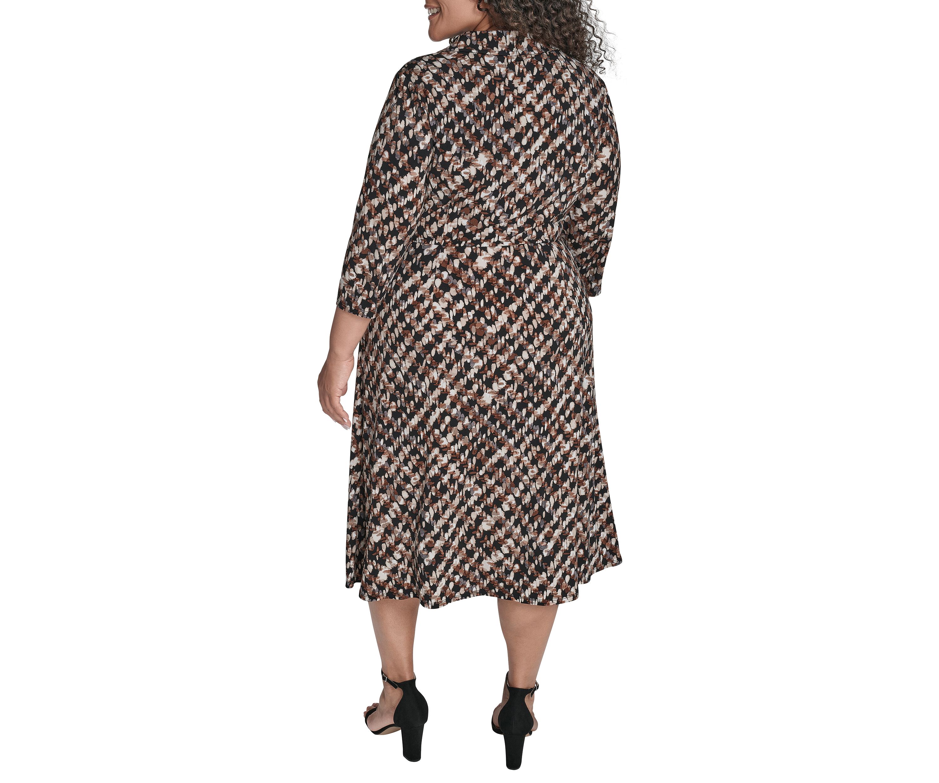 Plus Shirt Collar Faux Wrap Slim Midi Dress
