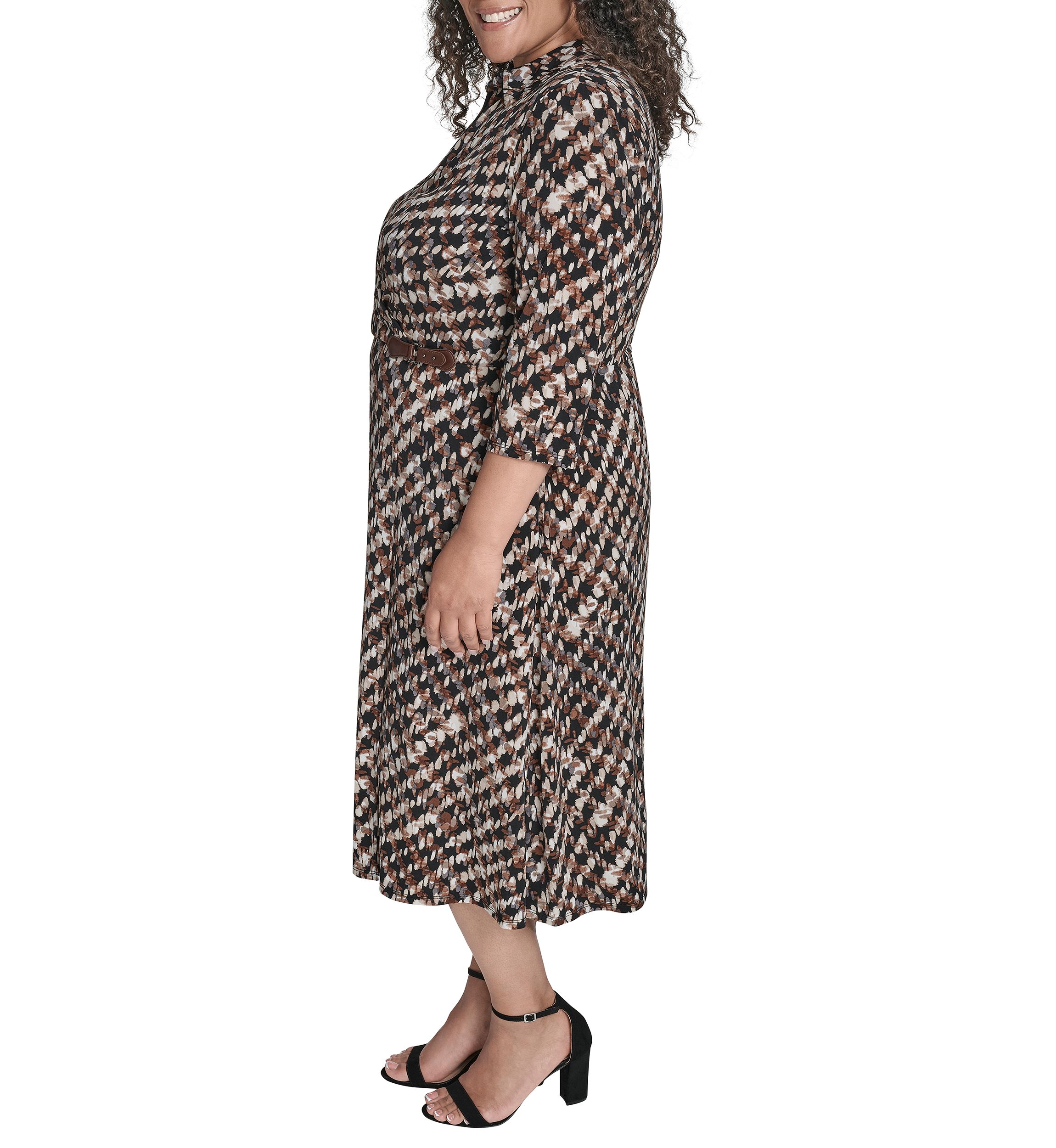 Plus Shirt Collar Faux Wrap Slim Midi Dress