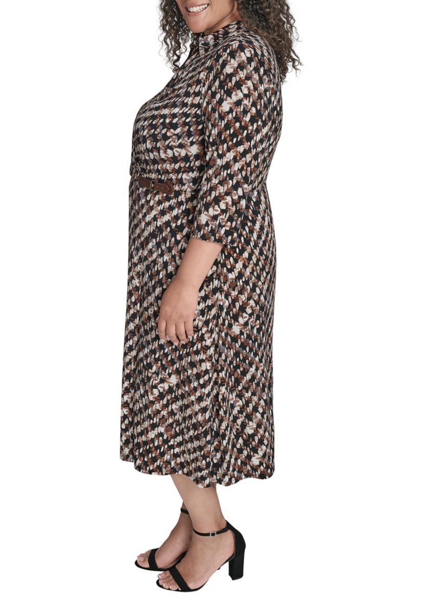 Plus Shirt Collar Faux Wrap Slim Midi Dress