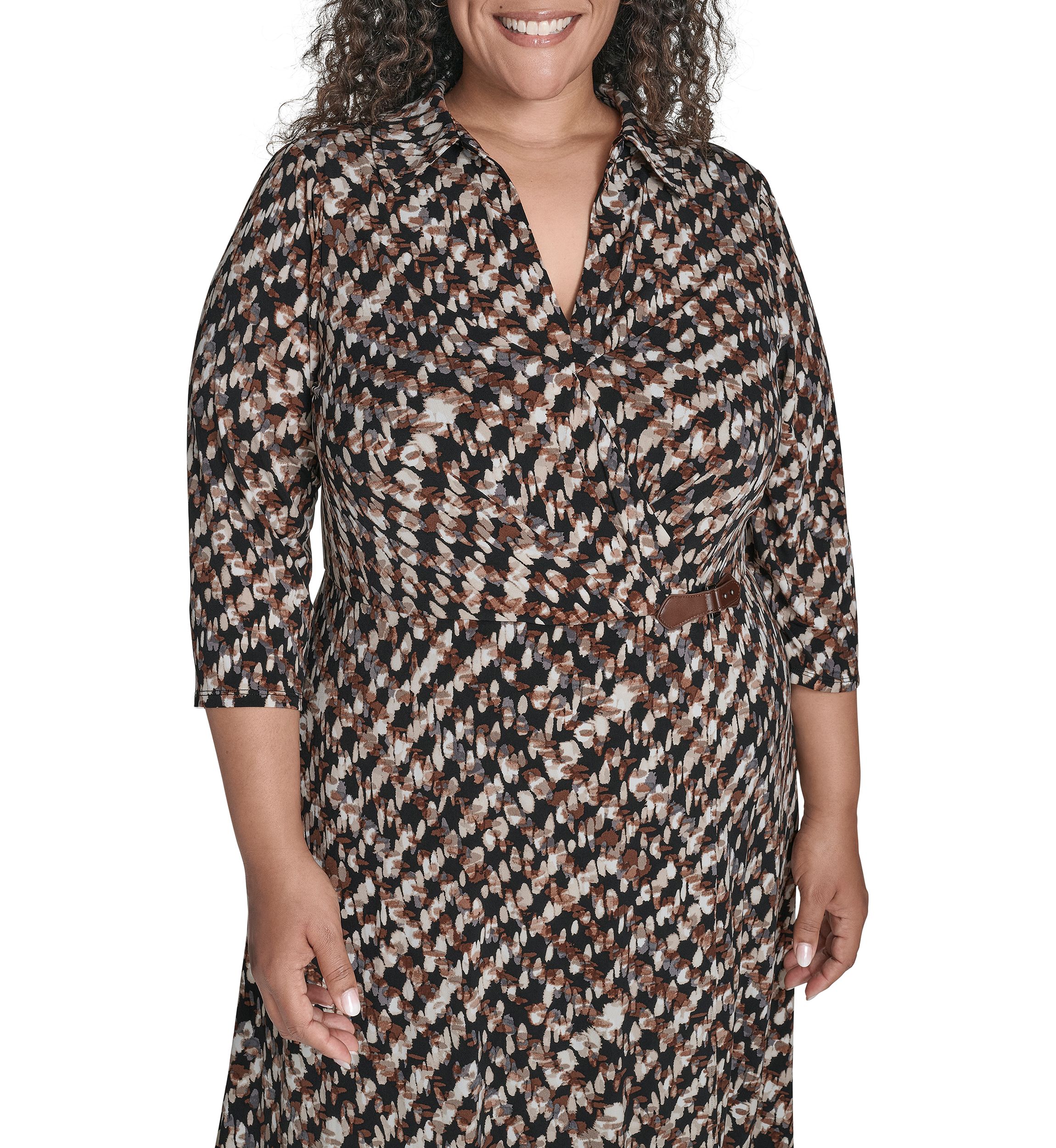 Plus Shirt Collar Faux Wrap Slim Midi Dress
