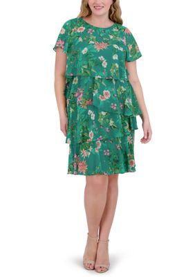 Jessica Howard Women's Plus Size Short Sleeve Crew Neck Floral Print Dress, Green, 24W