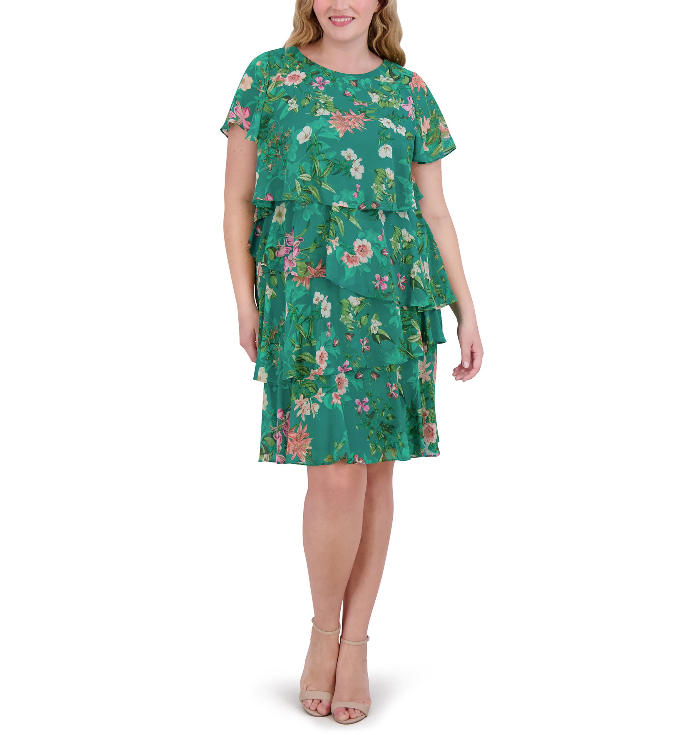 Plus Size Short Sleeve Crew Neck Floral Print Dress