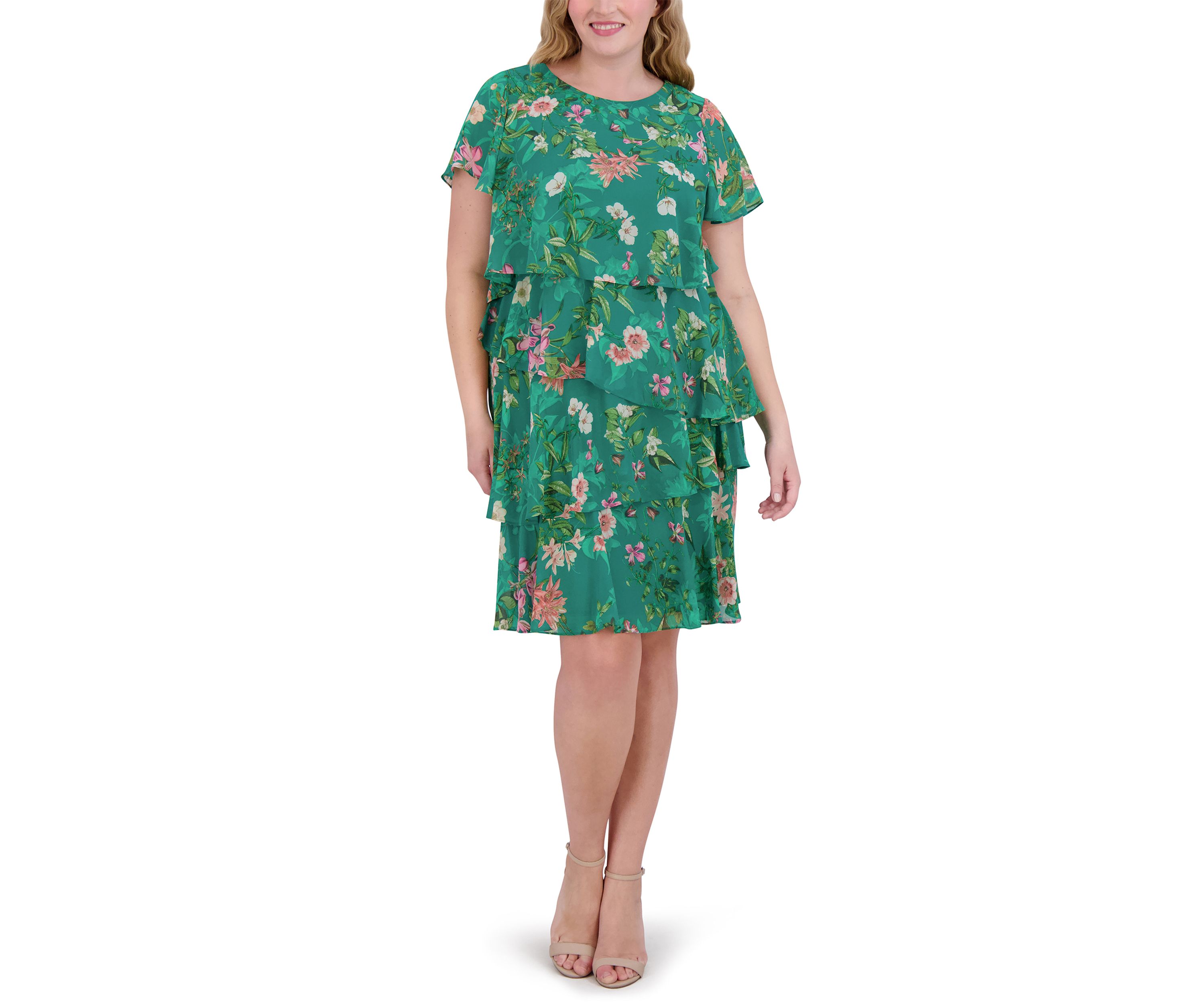 Plus Size Short Sleeve Crew Neck Floral Print Dress