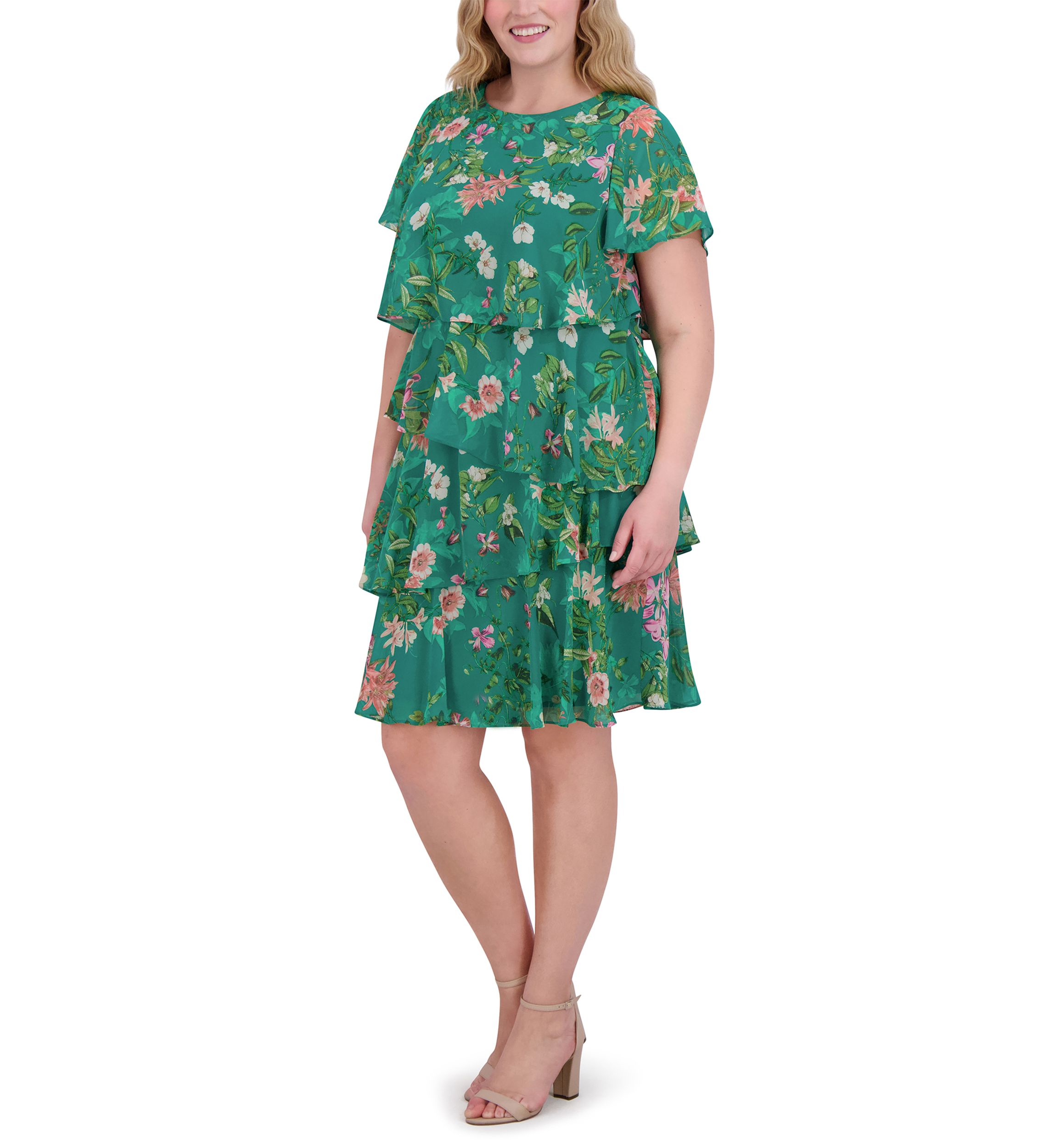 Plus Size Short Sleeve Crew Neck Floral Print Dress