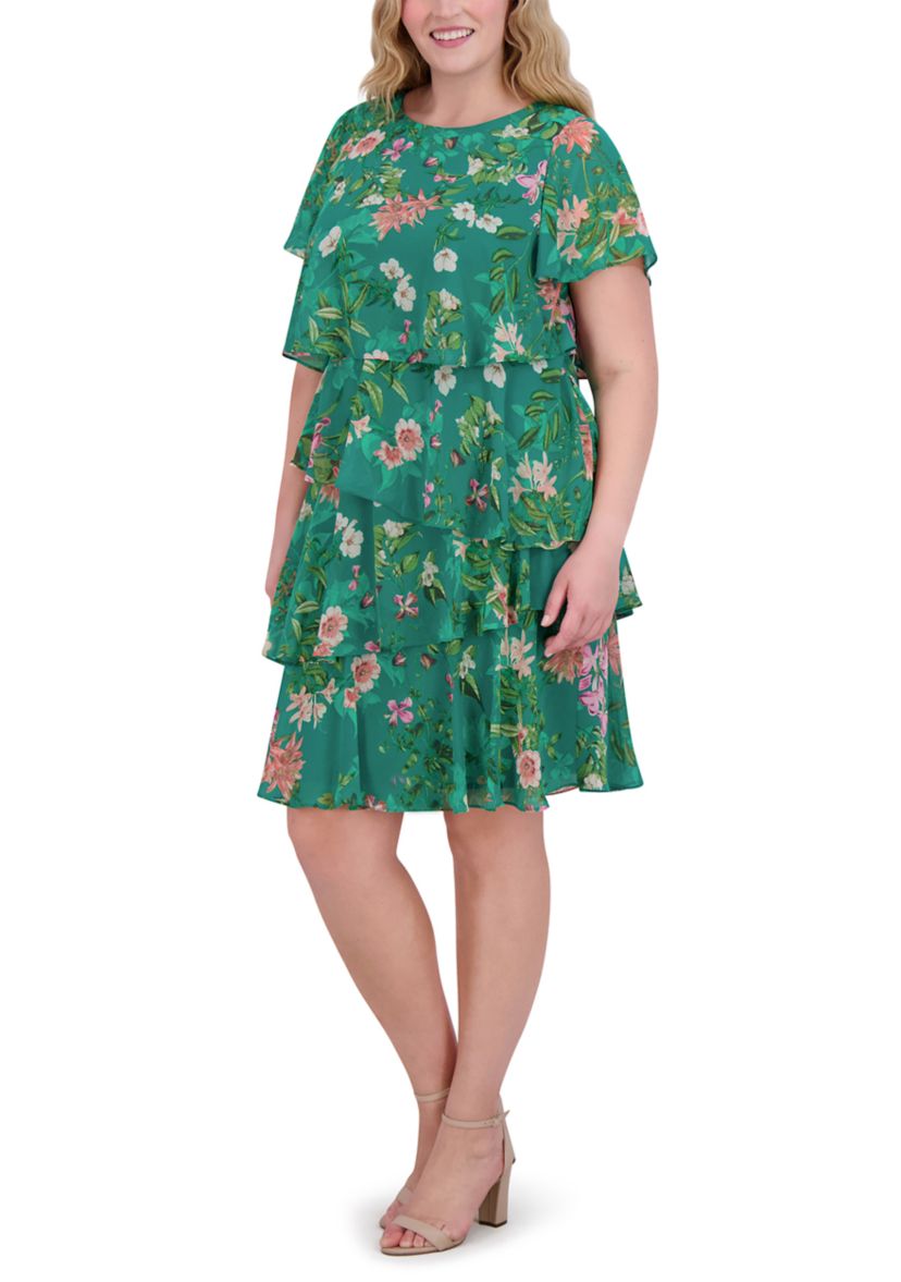 Plus Size Short Sleeve Crew Neck Floral Print Dress