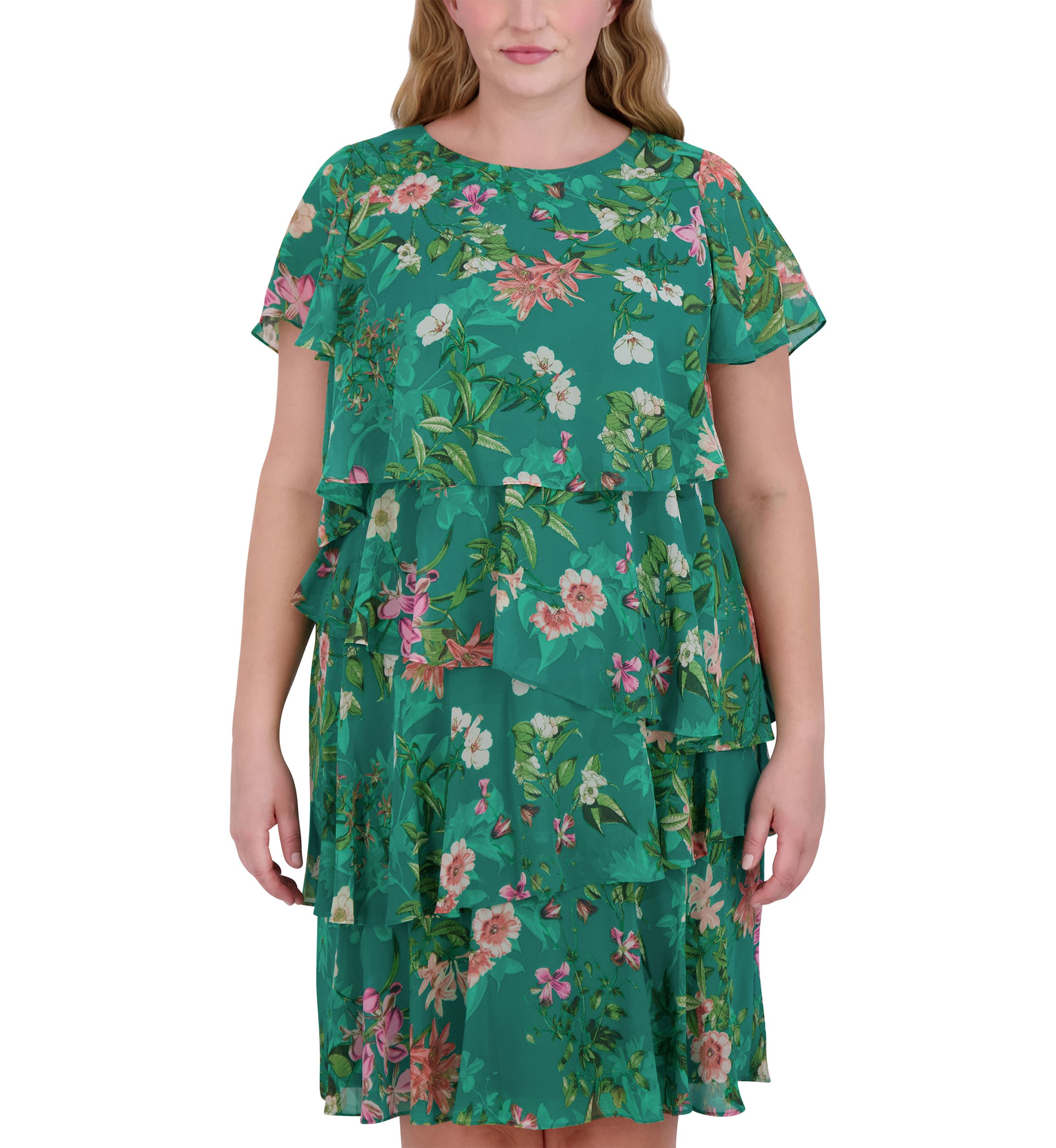 Plus Size Short Sleeve Crew Neck Floral Print Dress