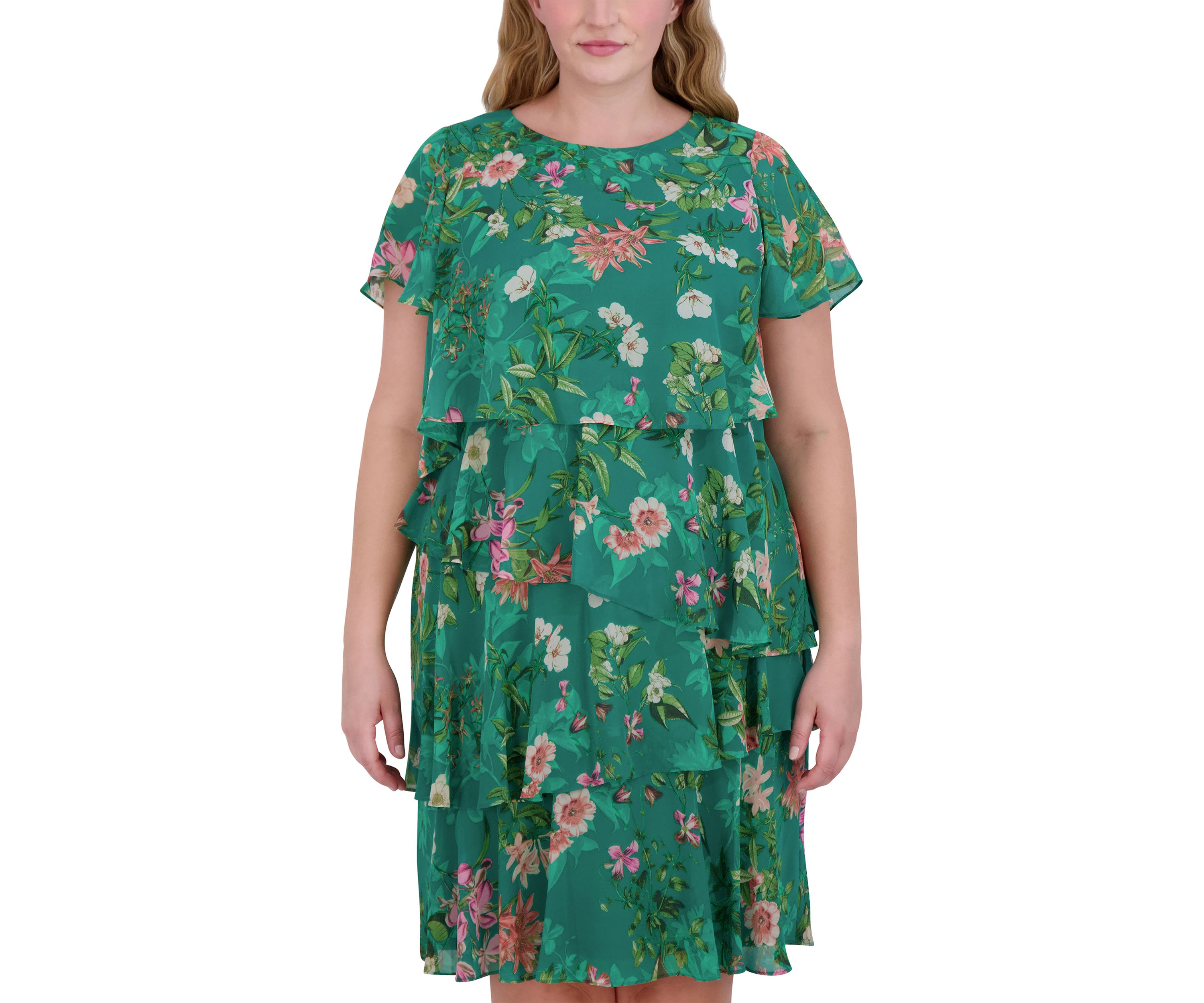 Plus Size Short Sleeve Crew Neck Floral Print Dress