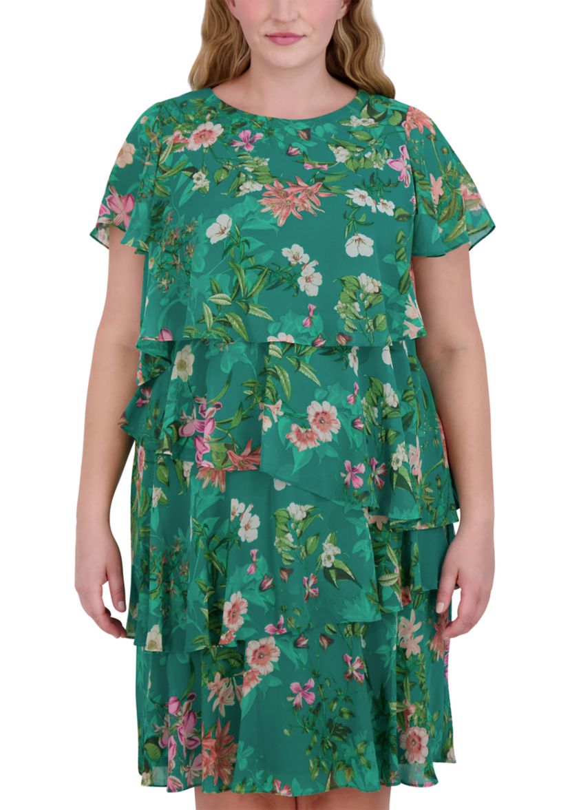 Plus Size Short Sleeve Crew Neck Floral Print Dress