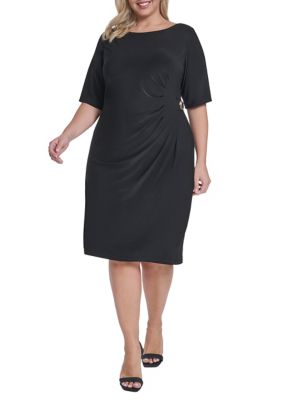 Jessica Howard Women's Plus Size Elbow Sleeve Side Ruch Midi Dress, Black, 20 W