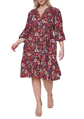 Jessica Howard Women's Plus Size 3/4 Sleeve Printed Crepe A-Line Dress, 24 W