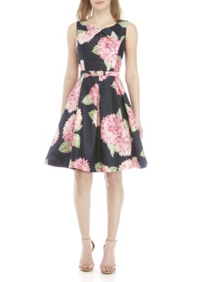 jessica howard sleeveless printed shantung fit and flare belted dres