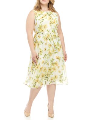 jessica howard sleeveless printed shantung fit and flare belted dres