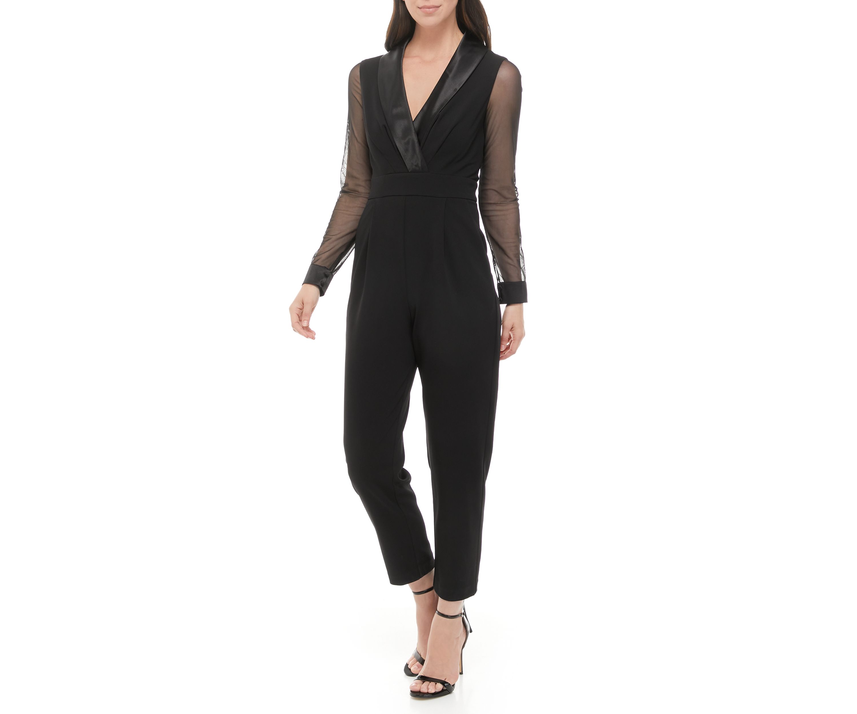 Womens One Piece Long Sleeve Shawl Collar Tuxedo Jumpsuit