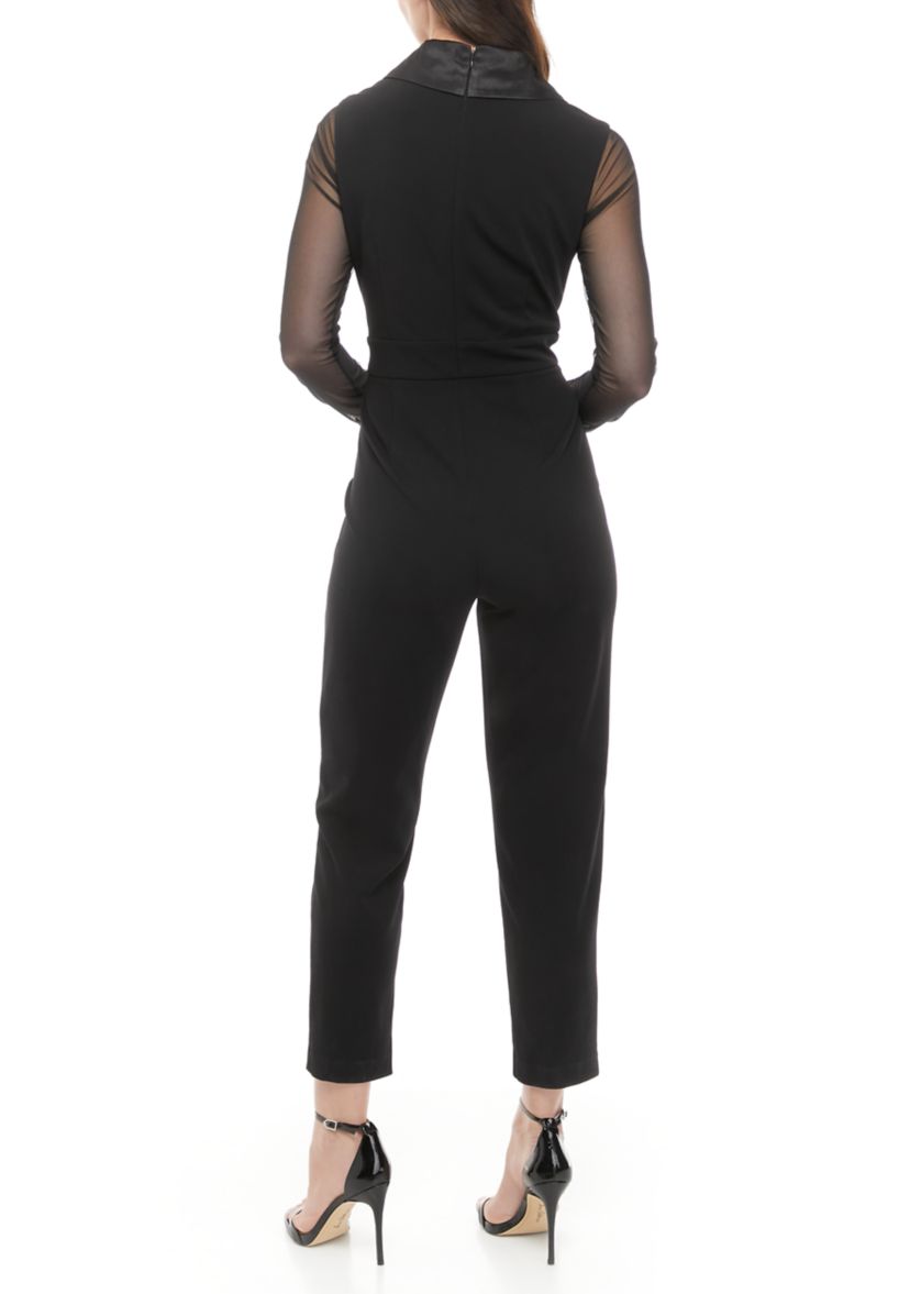 Womens One Piece Long Sleeve Shawl Collar Tuxedo Jumpsuit