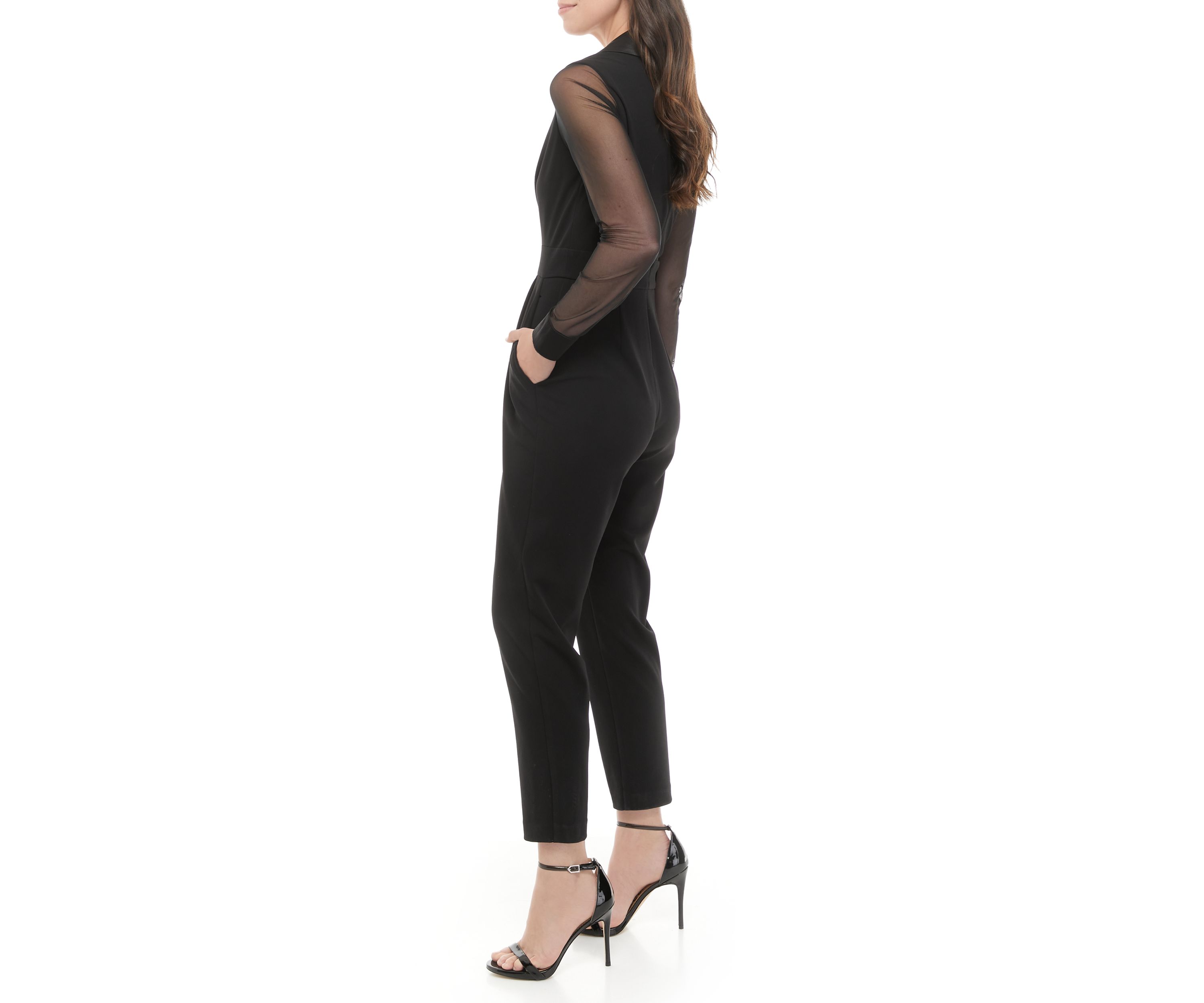 Womens One Piece Long Sleeve Shawl Collar Tuxedo Jumpsuit