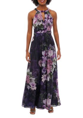 Jessica Howard Women's Sleeveless Halter Floral Printed Chiffon Gown