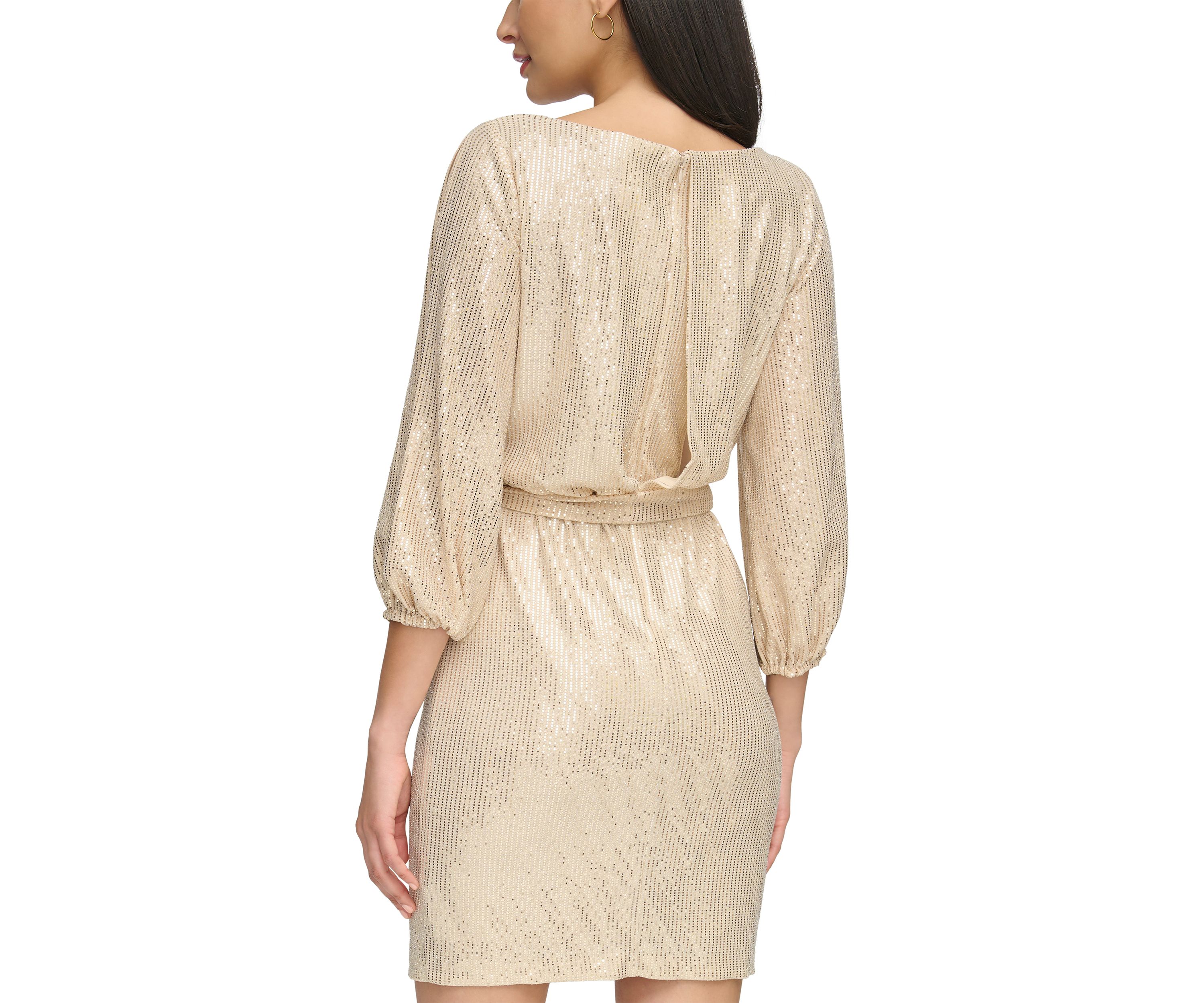 Womens 3/4 Sleeve Sequin Tie Waist Fit and Flare Dress