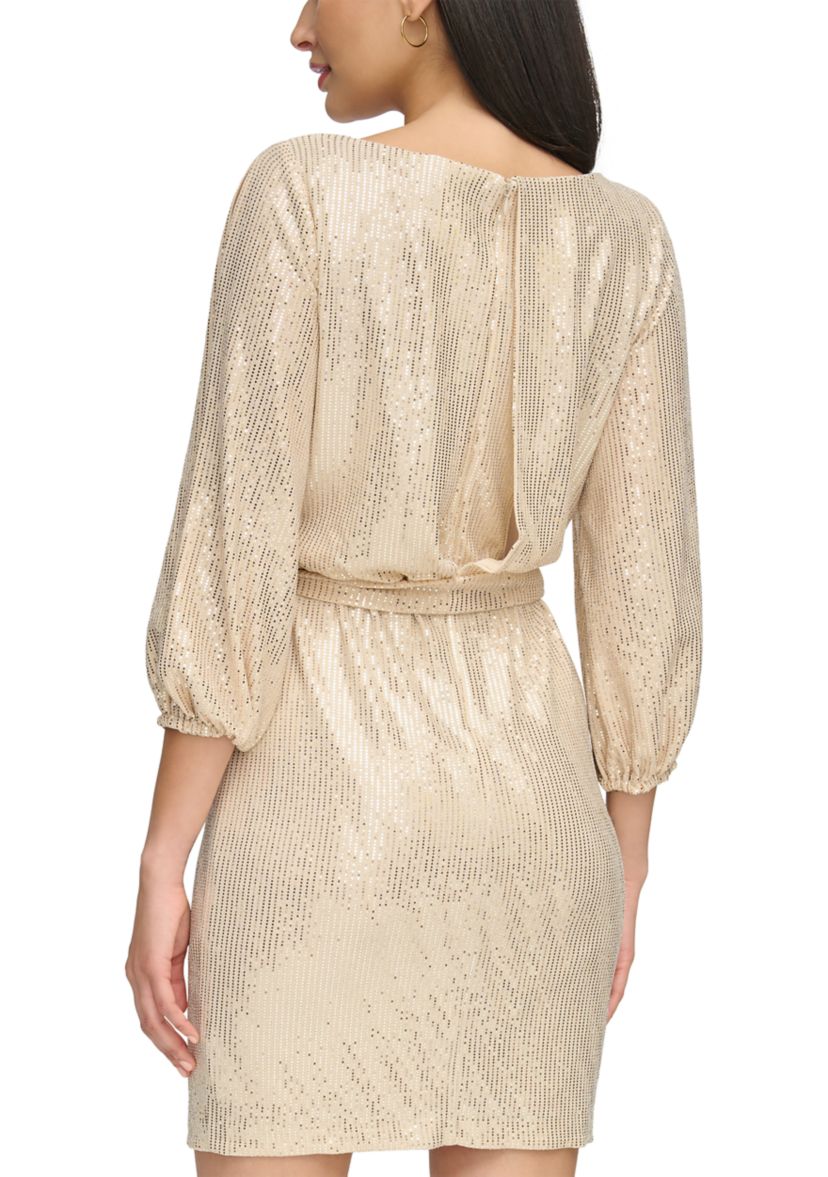 Womens 3/4 Sleeve Sequin Tie Waist Fit and Flare Dress