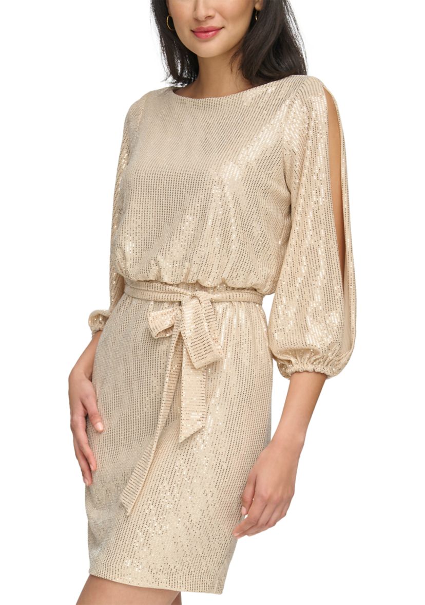 Womens 3/4 Sleeve Sequin Tie Waist Fit and Flare Dress