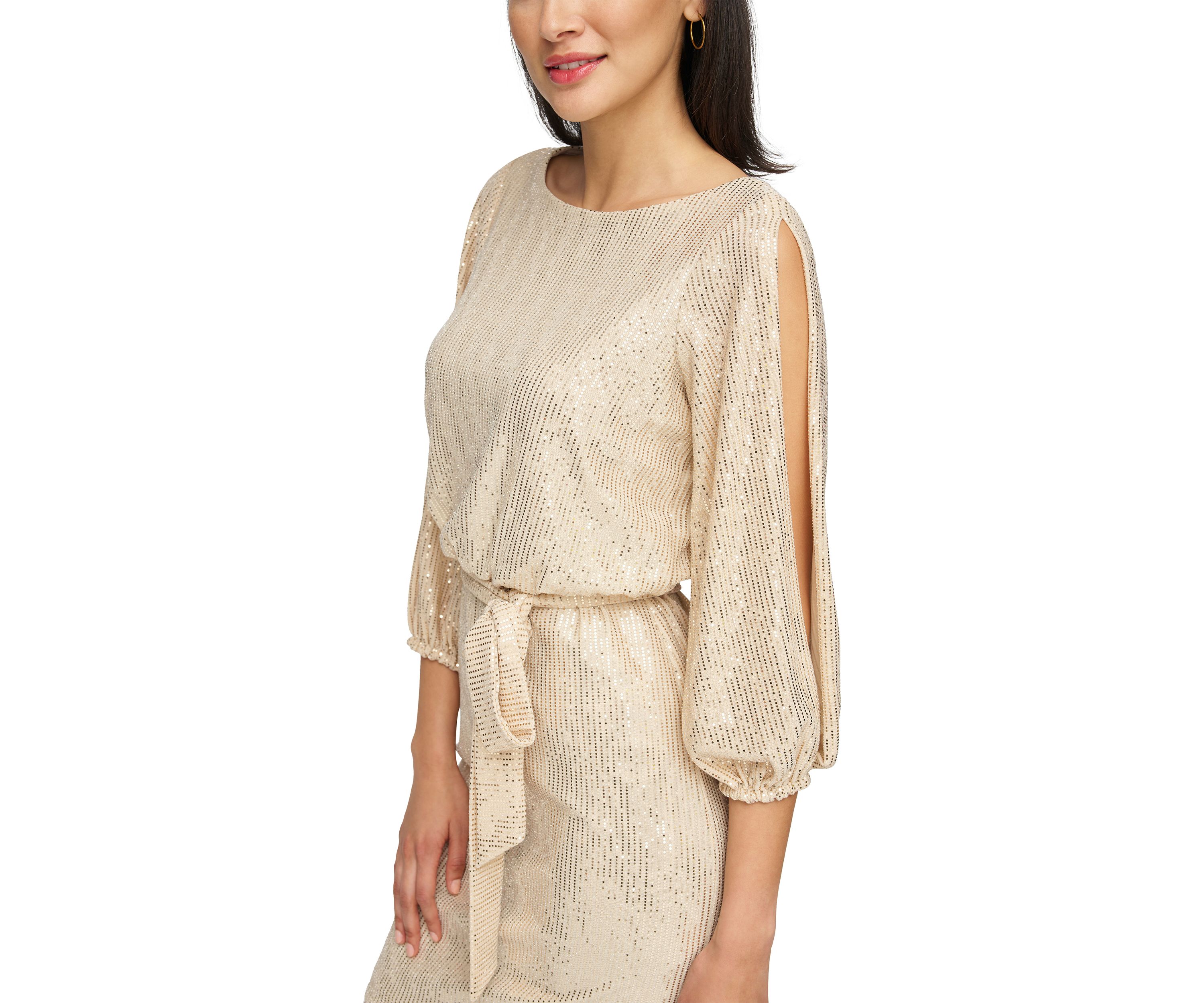 Womens 3/4 Sleeve Sequin Tie Waist Fit and Flare Dress